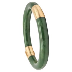 Gumps San Francisco Nephrite Green Jade Bangle Bracelet Mounted 14Kt Yellow Gold