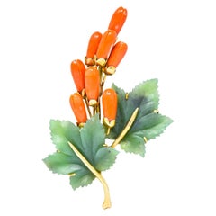 Gumps Vintage Coral Jade 14 Karat Yellow Gold Floral Brooch