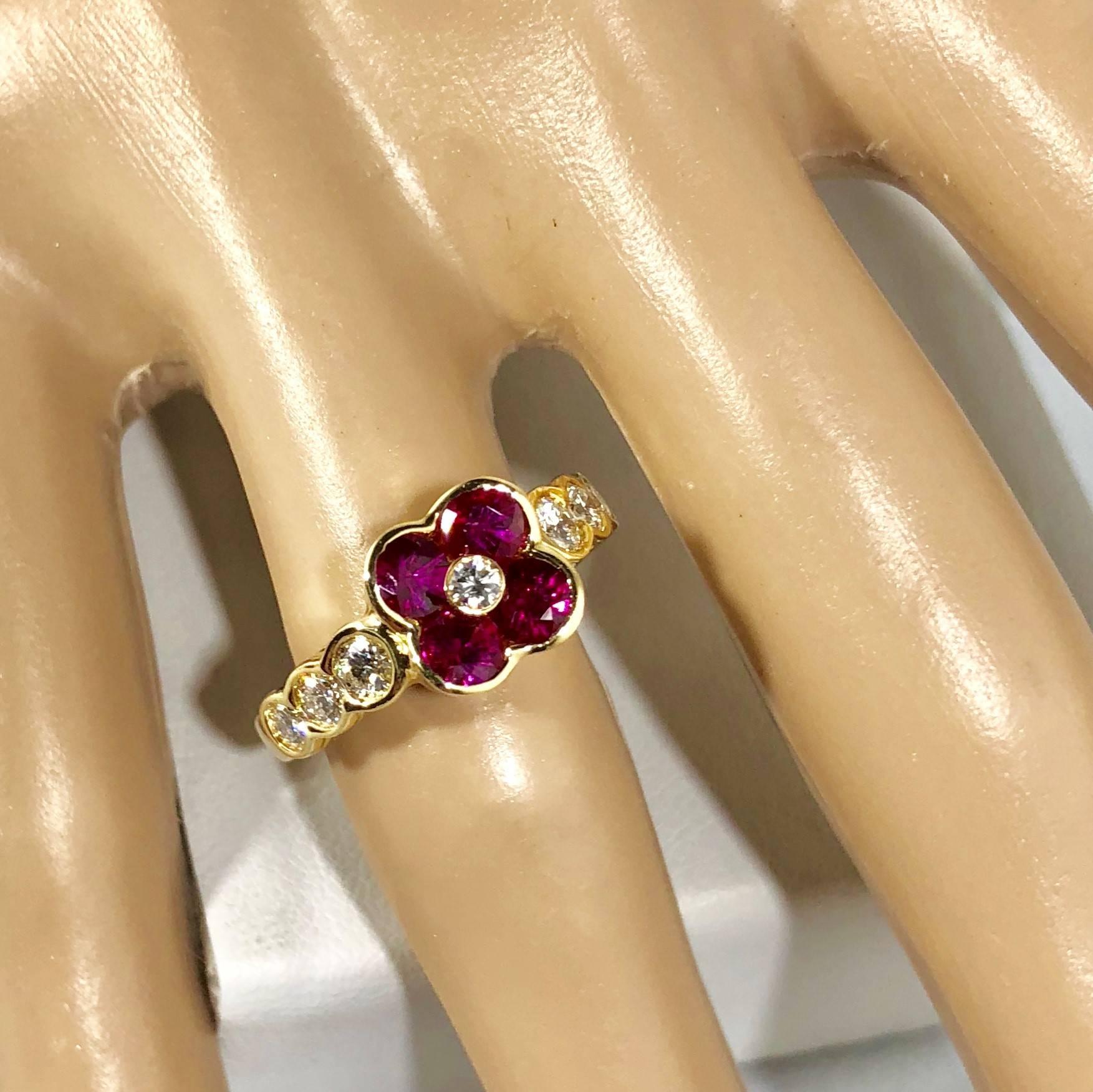 Gumuchian 18 Karat Yellow Gold Diamond and Ruby Flower Cocktail Ring In New Condition In Mansfield, OH