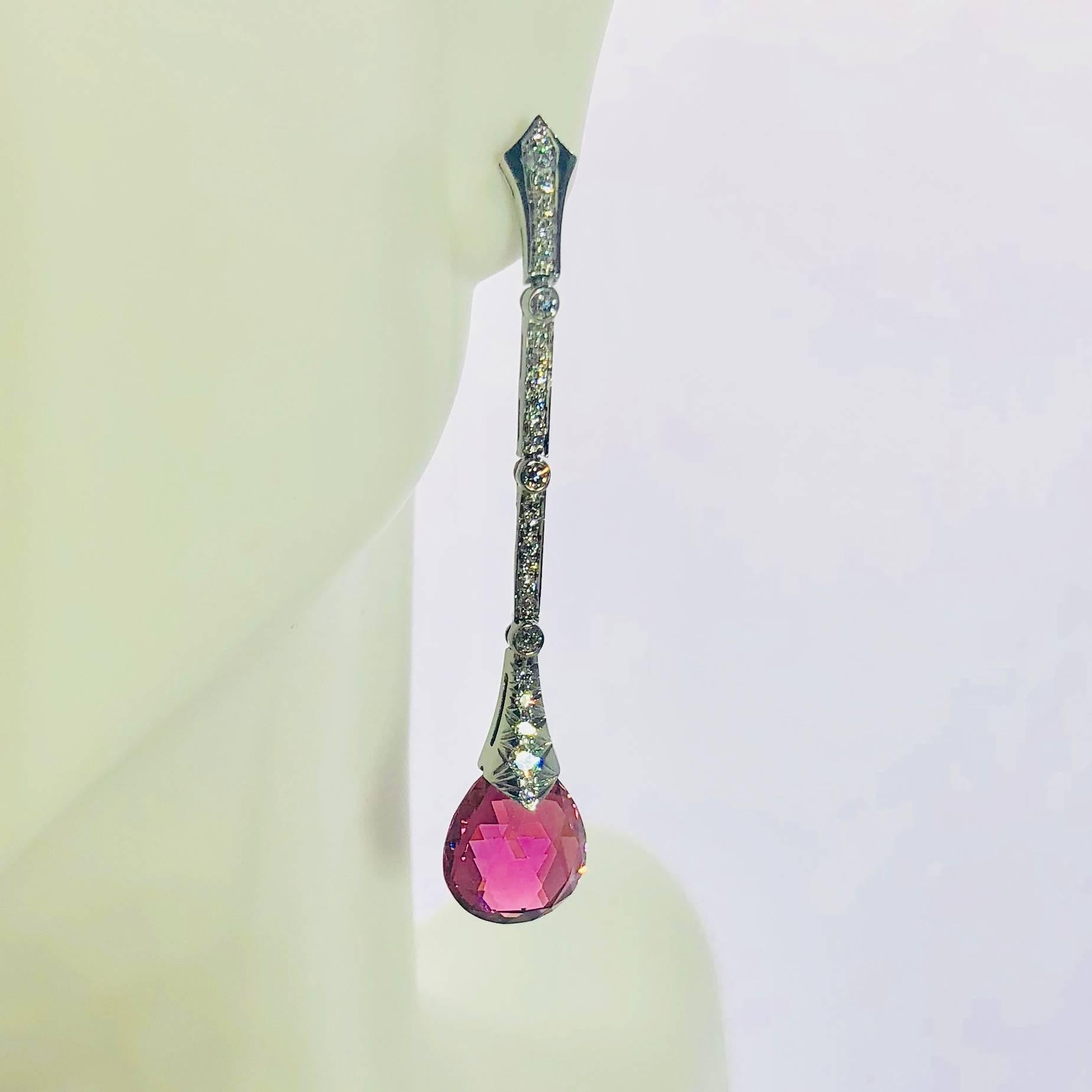 Pear Cut Gumuchian Diamond Pink Tourmaline Stiletto Earrings
