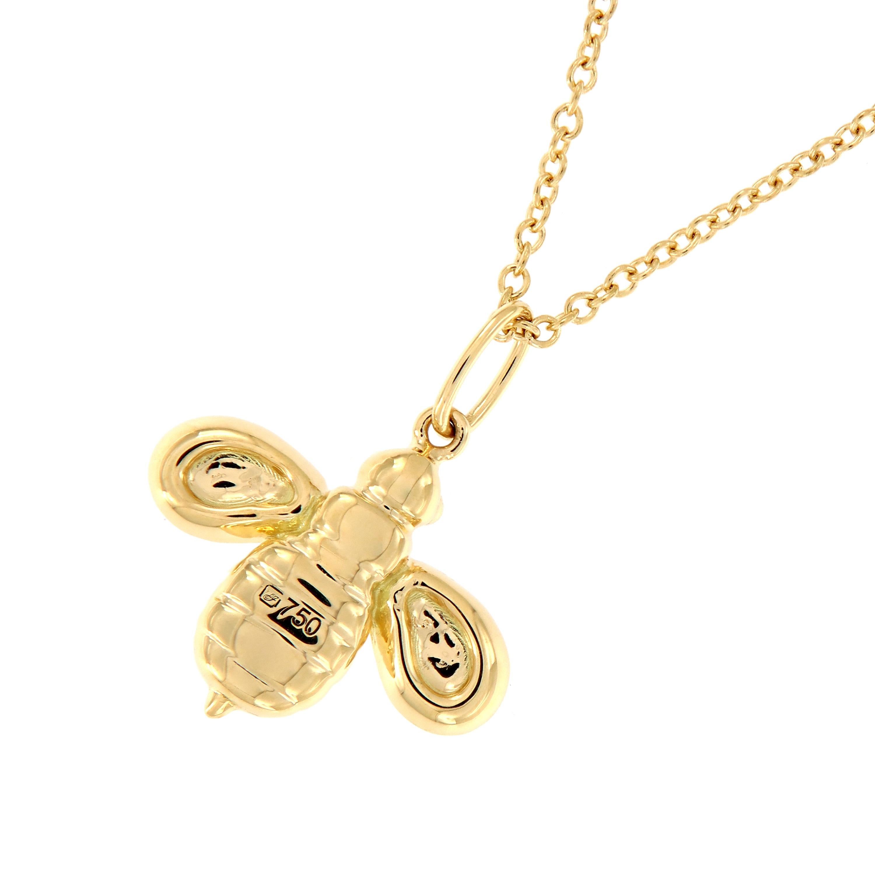 This charming 18k yellow gold worker bee pendant features 20 round brilliant cut diamonds in the wings and diamond eyes. Necklace is from the Honeybee “B” Collection by Gumuchian. Chain is 16 inches.

Diamonds 0.09 cttw, SI1, HI