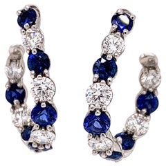 Gumuchian New Moon .90 Carat Diamond and Blue Sapphire Platinum Hoop Earrings