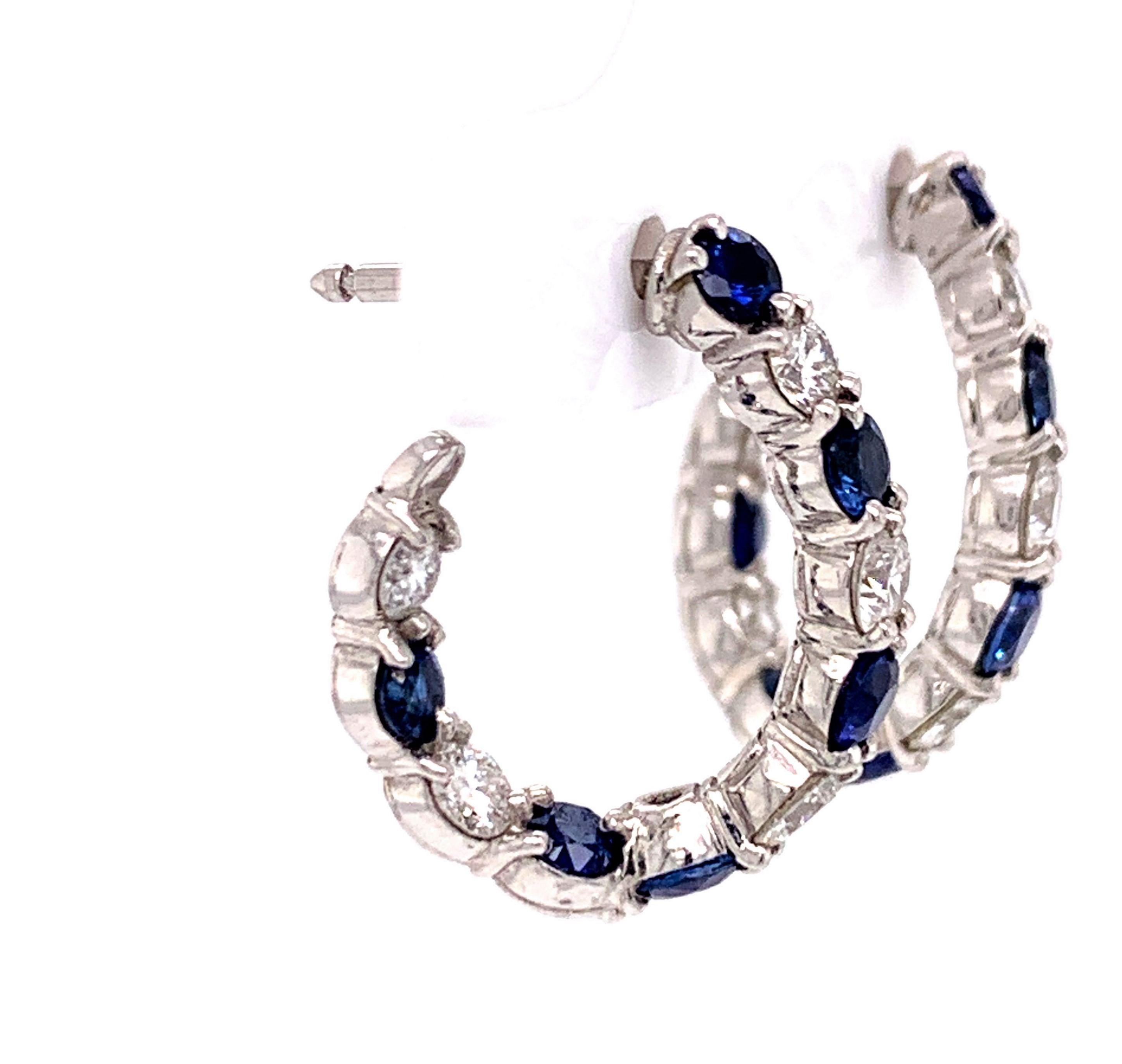 Round Cut Gumuchian New Moon .90 Carat Diamond and Blue Sapphire Platinum Hoop Earrings