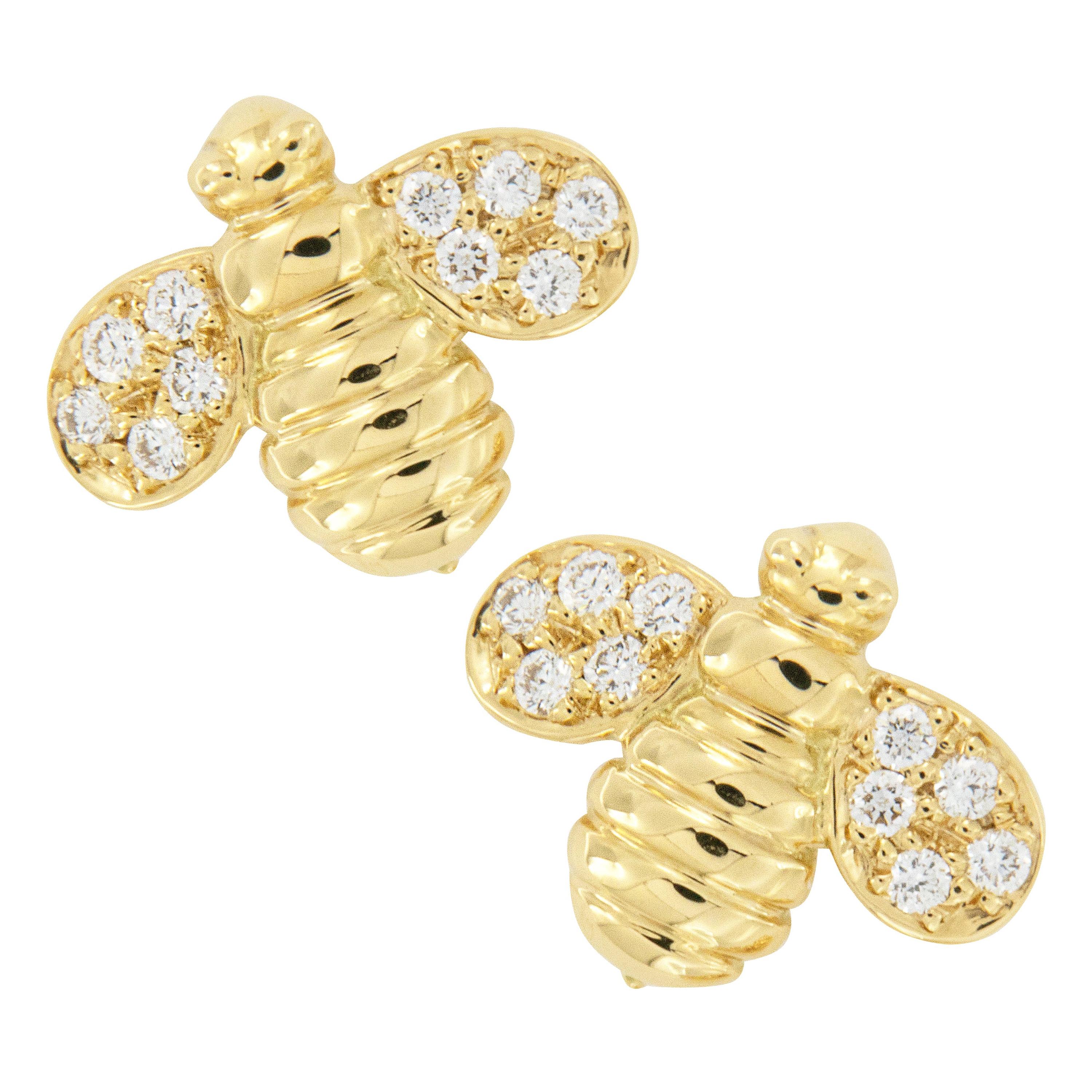 Gumuchian Worker Bee 18 Karat Yellow Gold and Diamond Earrings For Sale