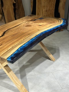 Blue Resin Light Wood Dining Table - Blue Epoxy Table