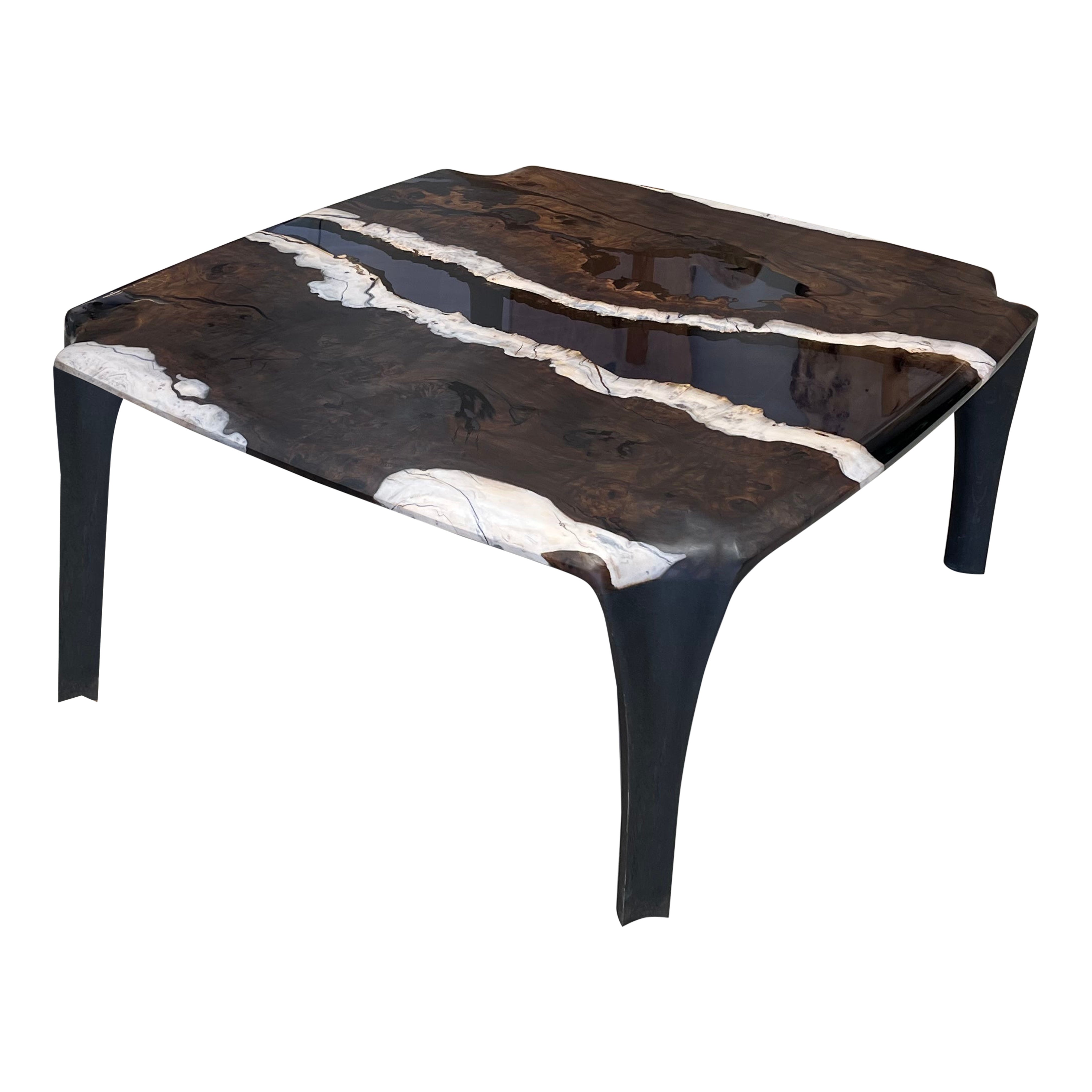 Gumwood Live Edge Square Coffee Table, A Modern Epoxy Resin Center Table For Sale