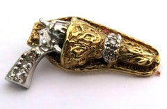 Gun Charm Pendant White and Yellow Gold Diamond Accents on Holster and Handle