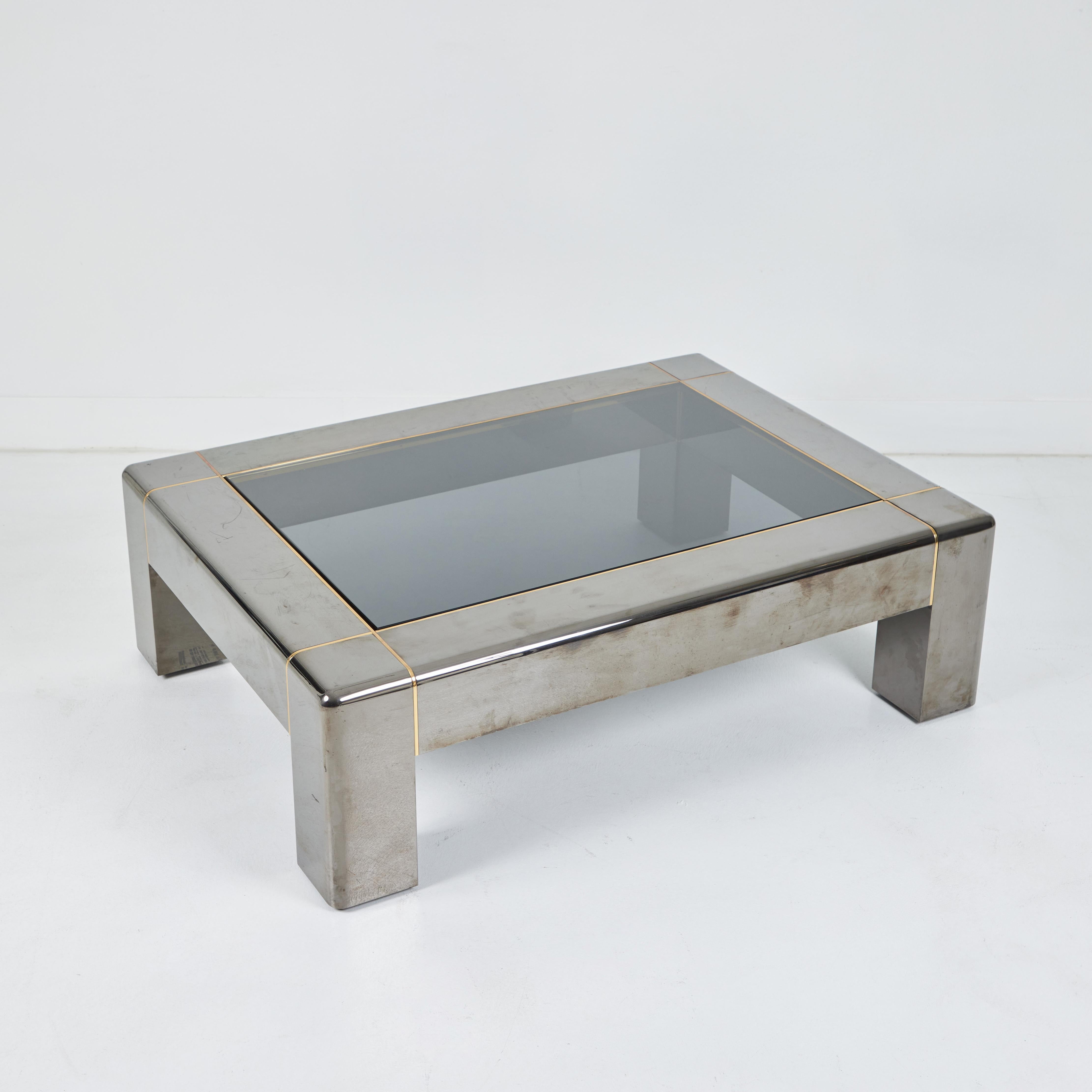 Polished Gun Metal and Brass Coffee Table with Glass Top, Karl Springer For Sale