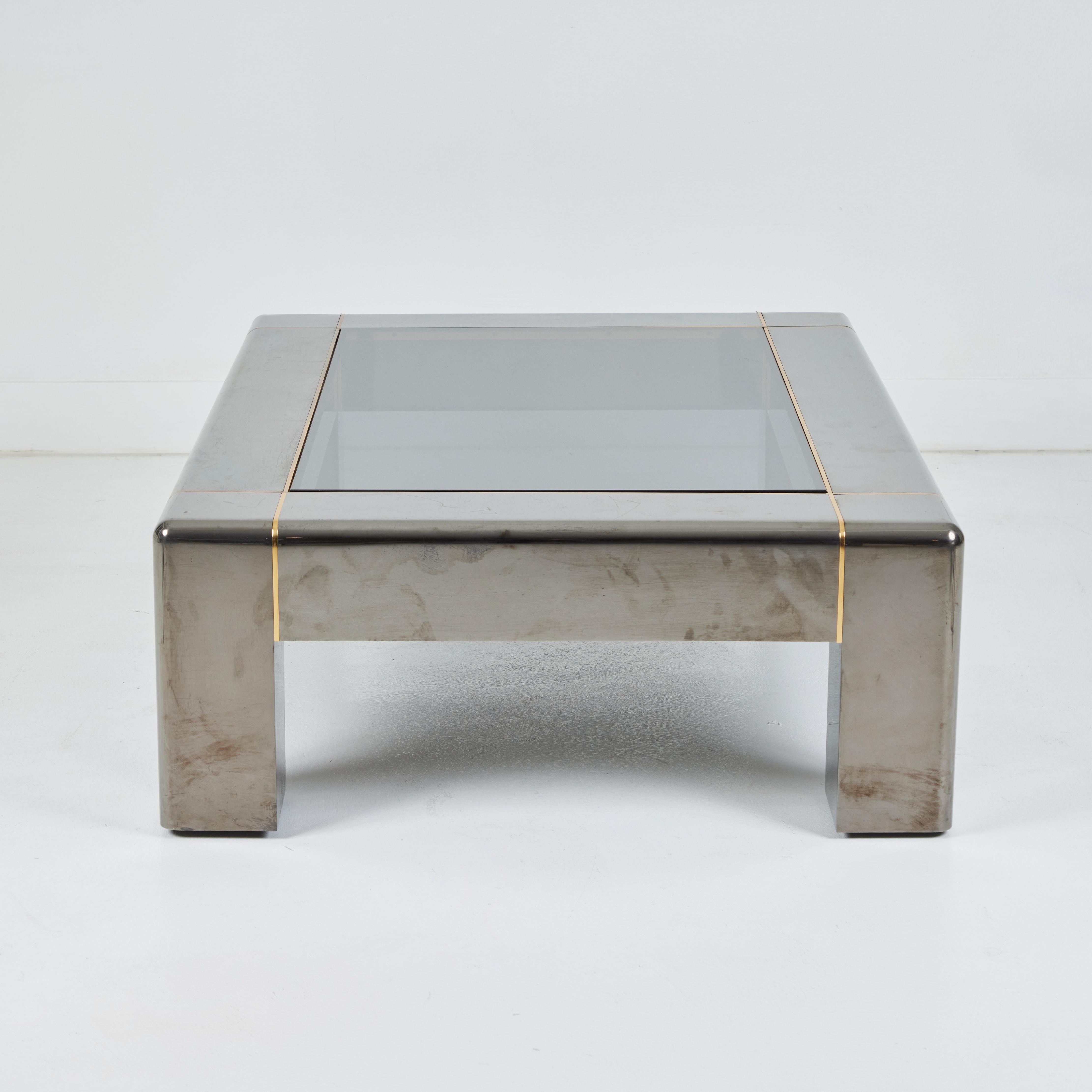 Gun Metal and Brass Coffee Table with Glass Top, Karl Springer In Good Condition For Sale In Palm Desert, CA