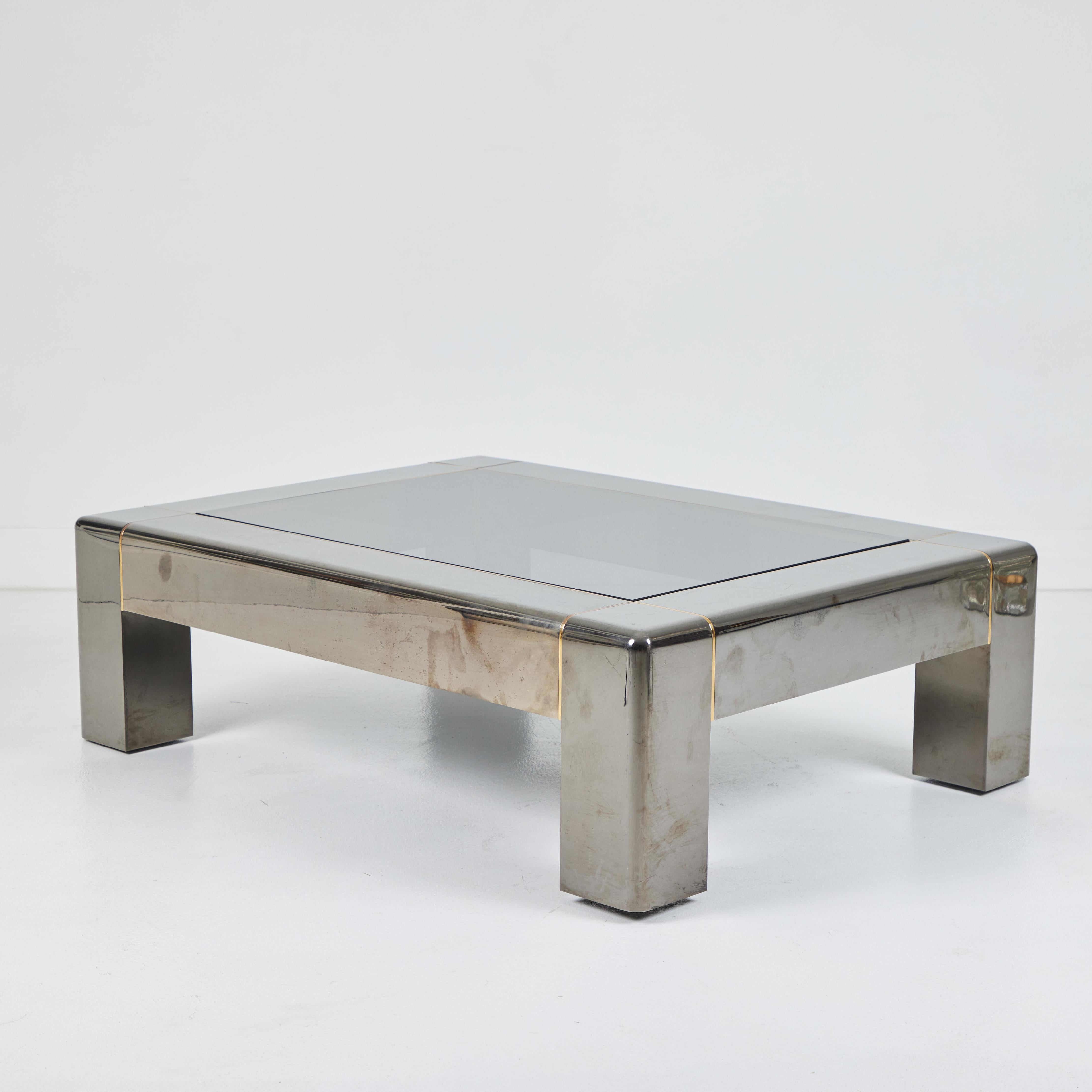 Late 20th Century Gun Metal and Brass Coffee Table with Glass Top, Karl Springer For Sale