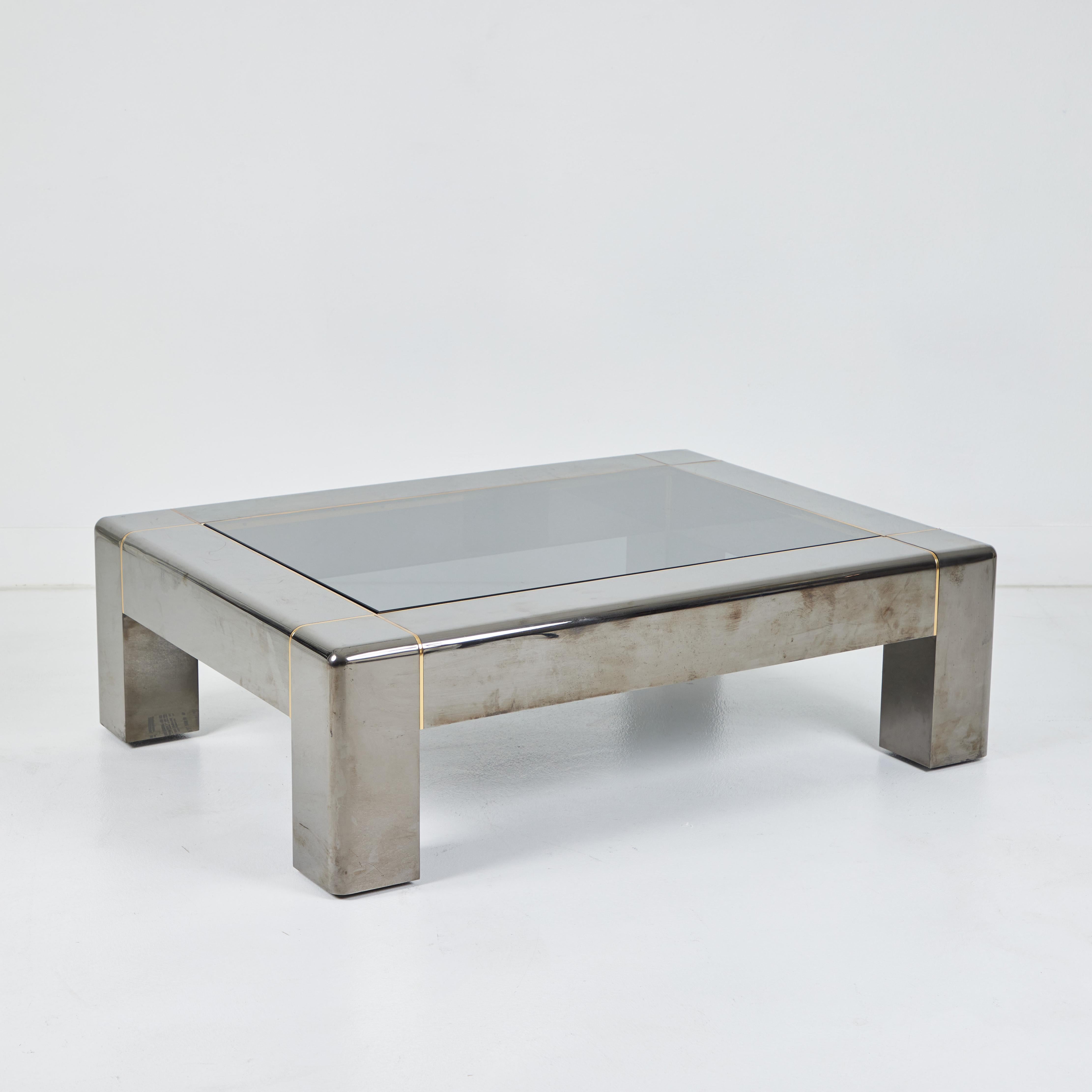Gun Metal and Brass Coffee Table with Glass Top, Karl Springer For Sale 1