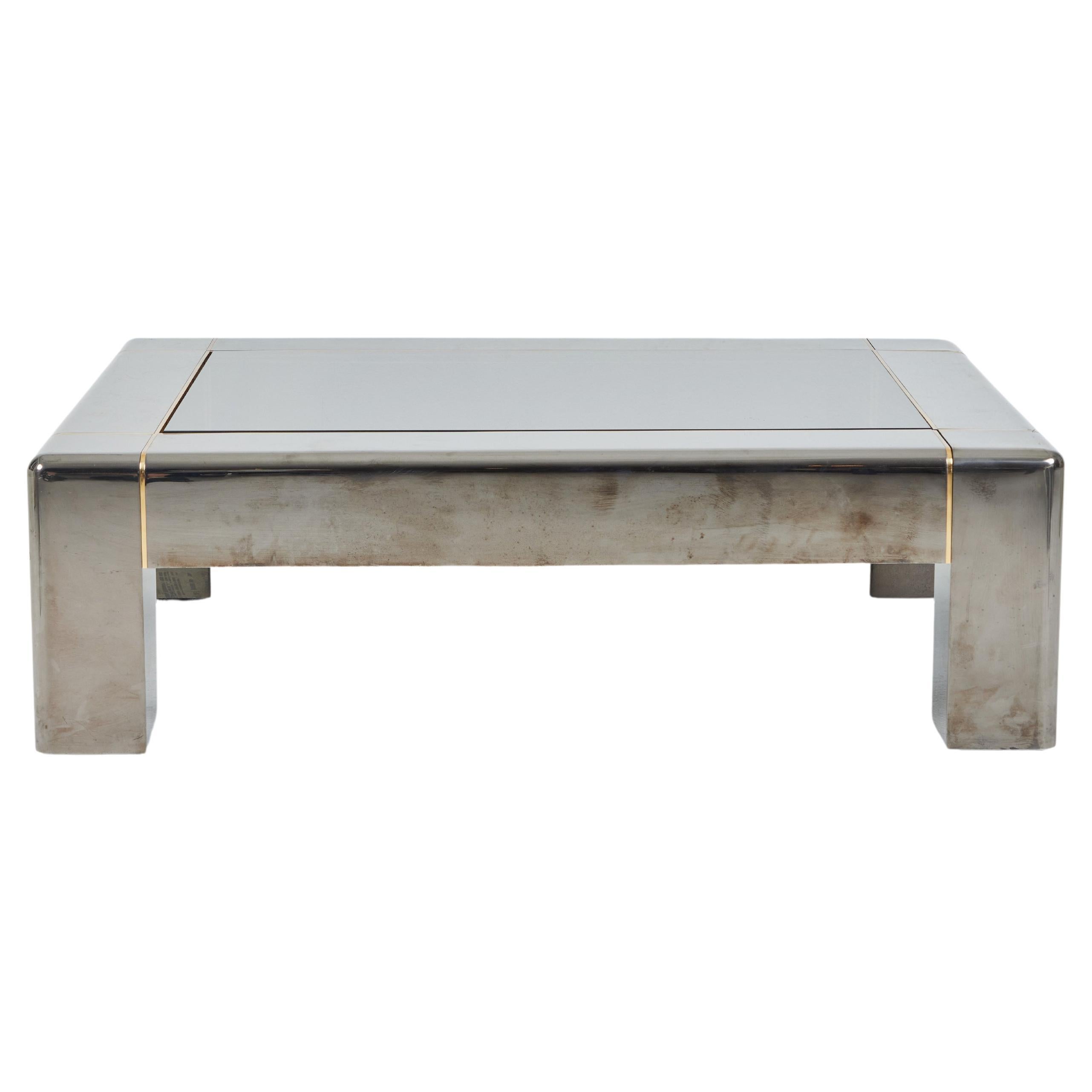Gun Metal and Brass Coffee Table with Glass Top, Karl Springer For Sale