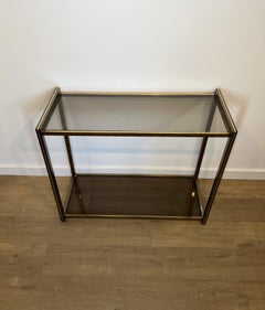 Gun Metal and Brass Console Table with Smoked Glass Tops. French Work. Cir. 1970