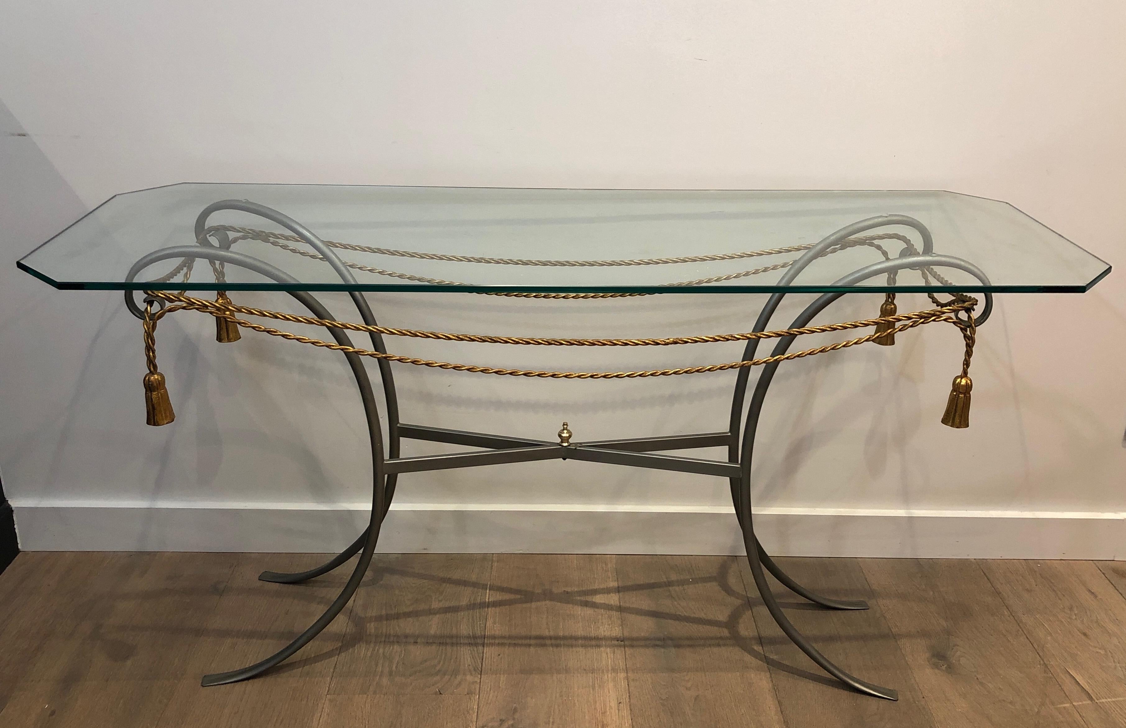 Gun Metal Console Table with Gilt Metal Garlands and Pompons and A Glass Twitop 4