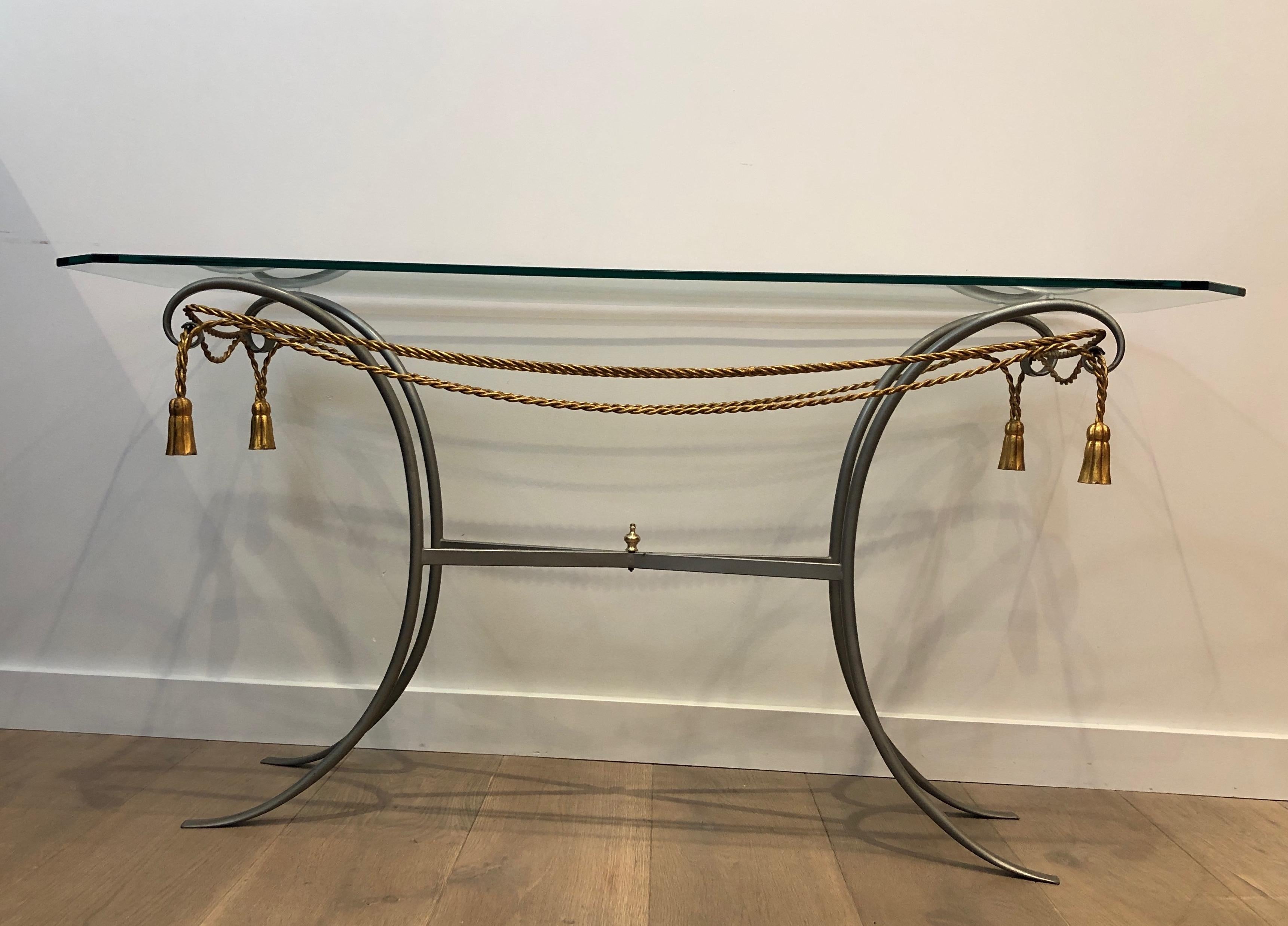 Gun Metal Console Table with Gilt Metal Garlands and Pompons and A Glass Twitop 8