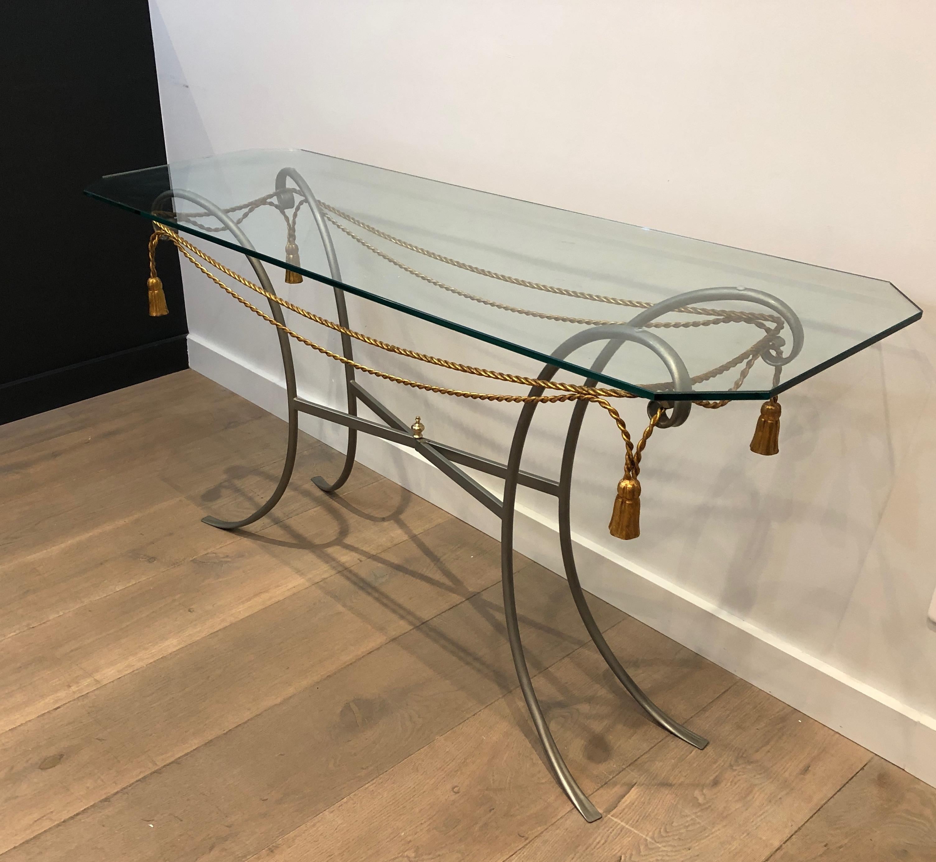 Gun Metal Console Table with Gilt Metal Garlands and Pompons and A Glass Twitop 9