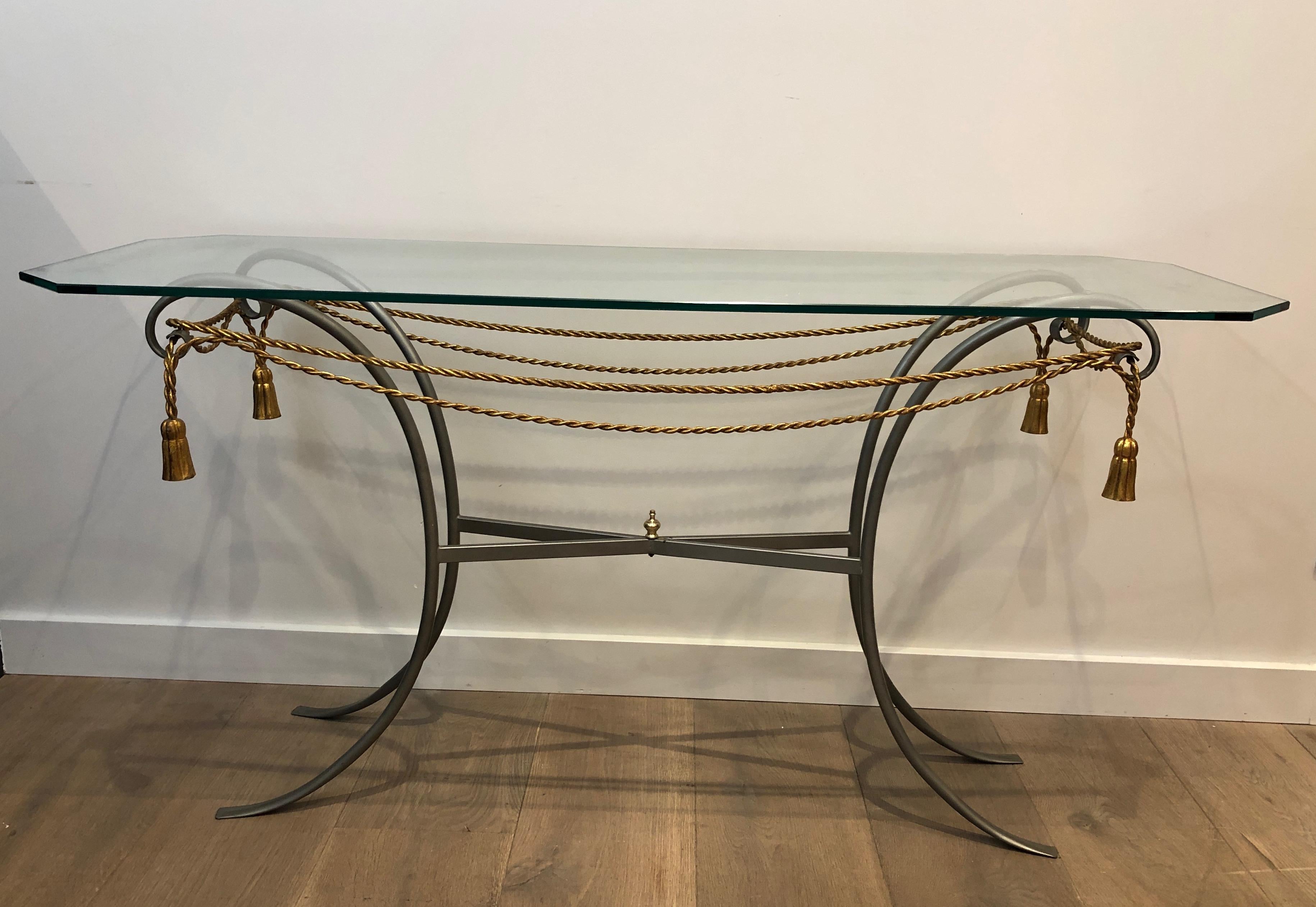 Gun Metal Console Table with Gilt Metal Garlands and Pompons and A Glass Twitop 11