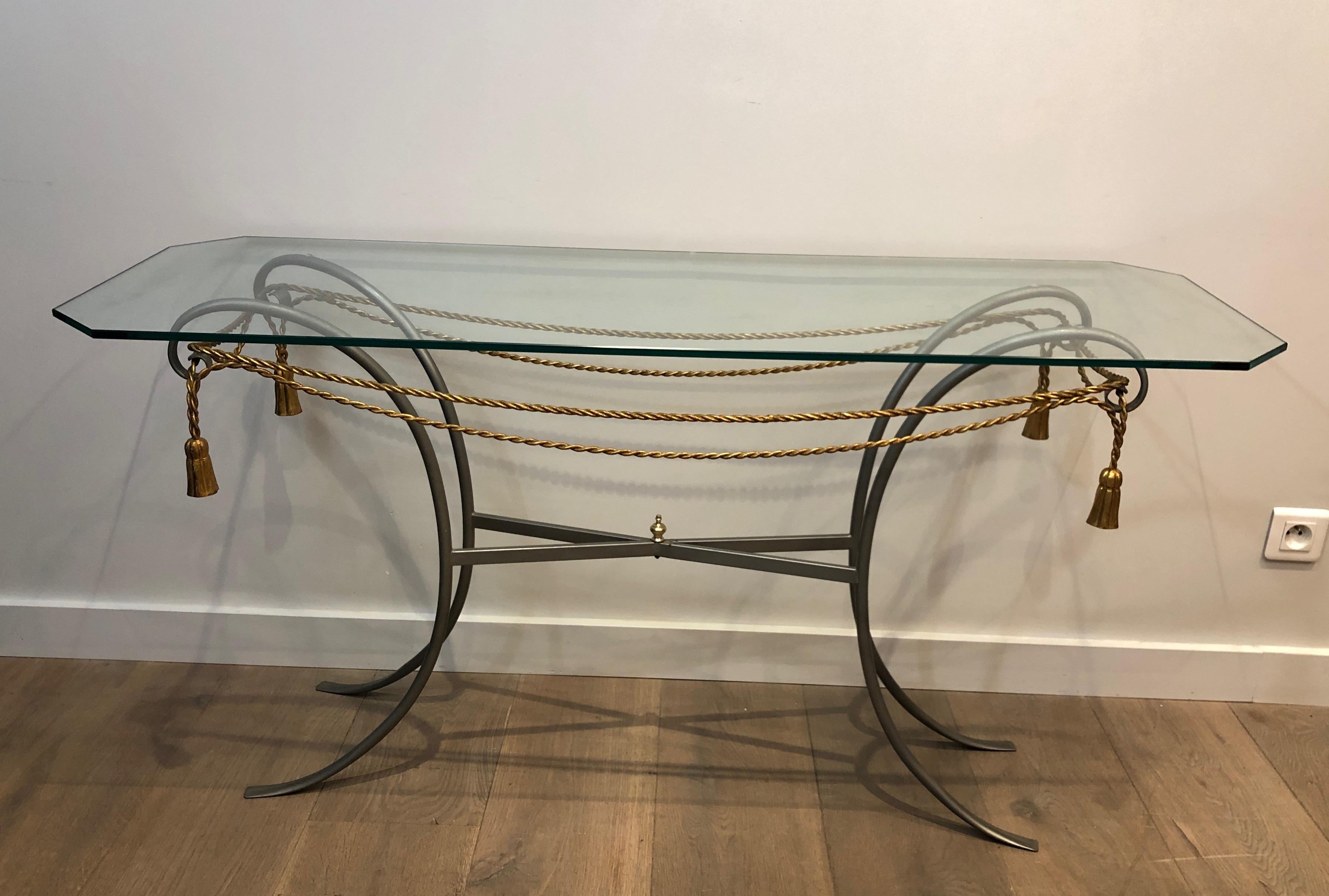 Gun Metal Console Table with Gilt Metal Garlands and Pompons and A Glass Twitop 12