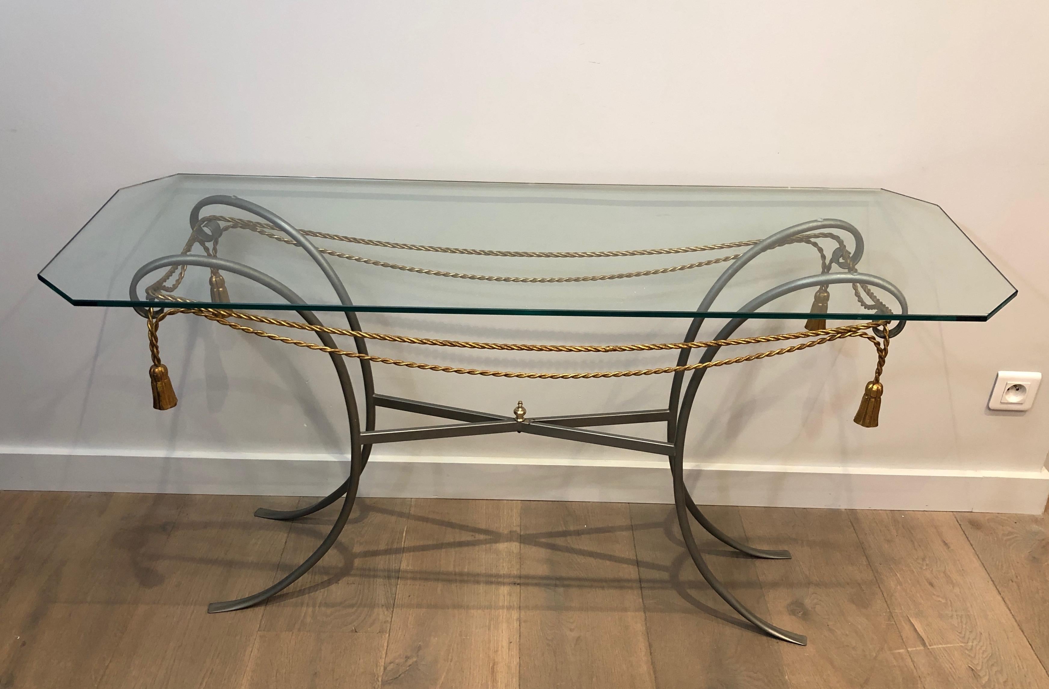 Gun Metal Console Table with Gilt Metal Garlands and Pompons and A Glass Twitop 13