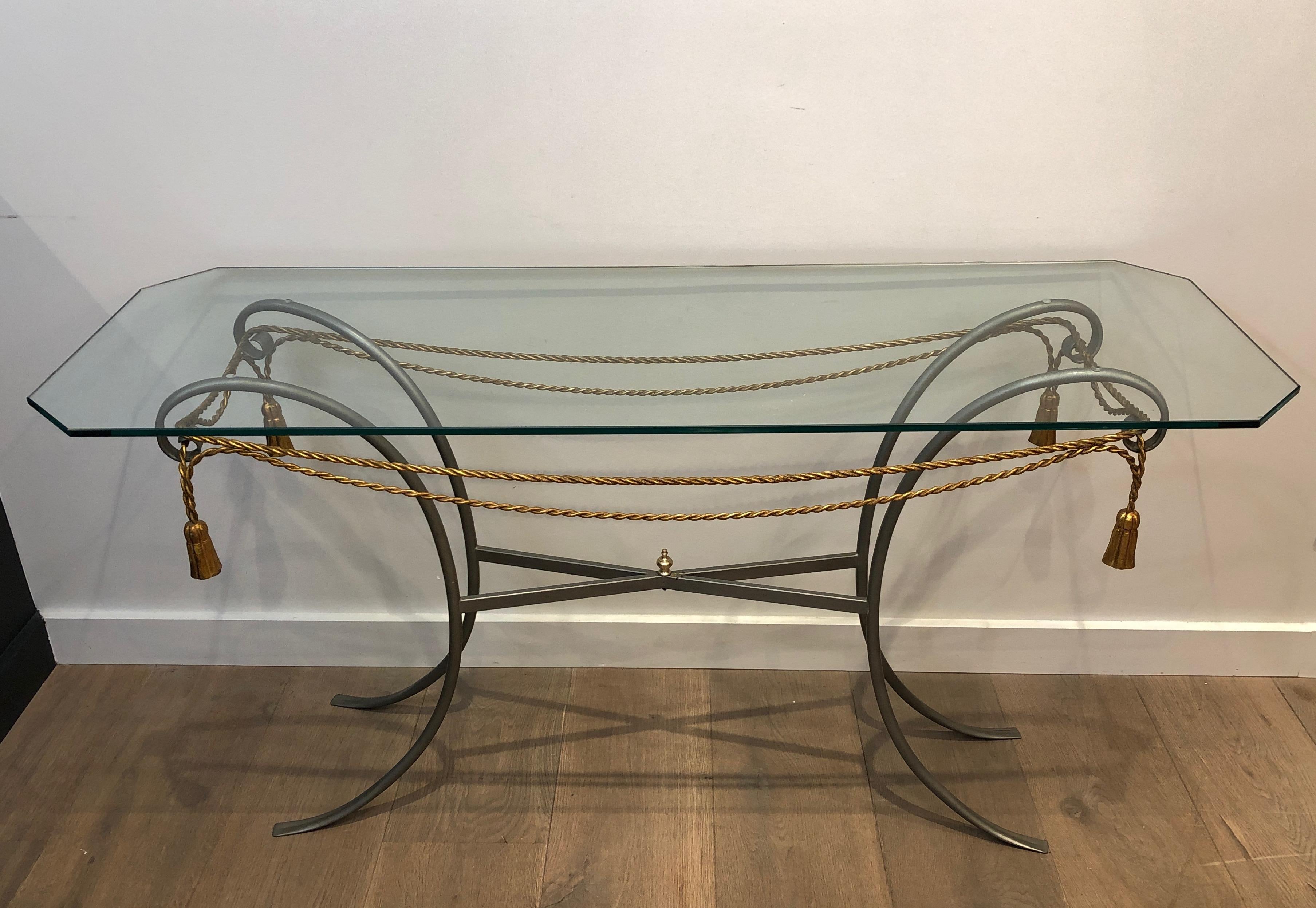 Gun Metal Console Table with Gilt Metal Garlands and Pompons and A Glass Twitop 14