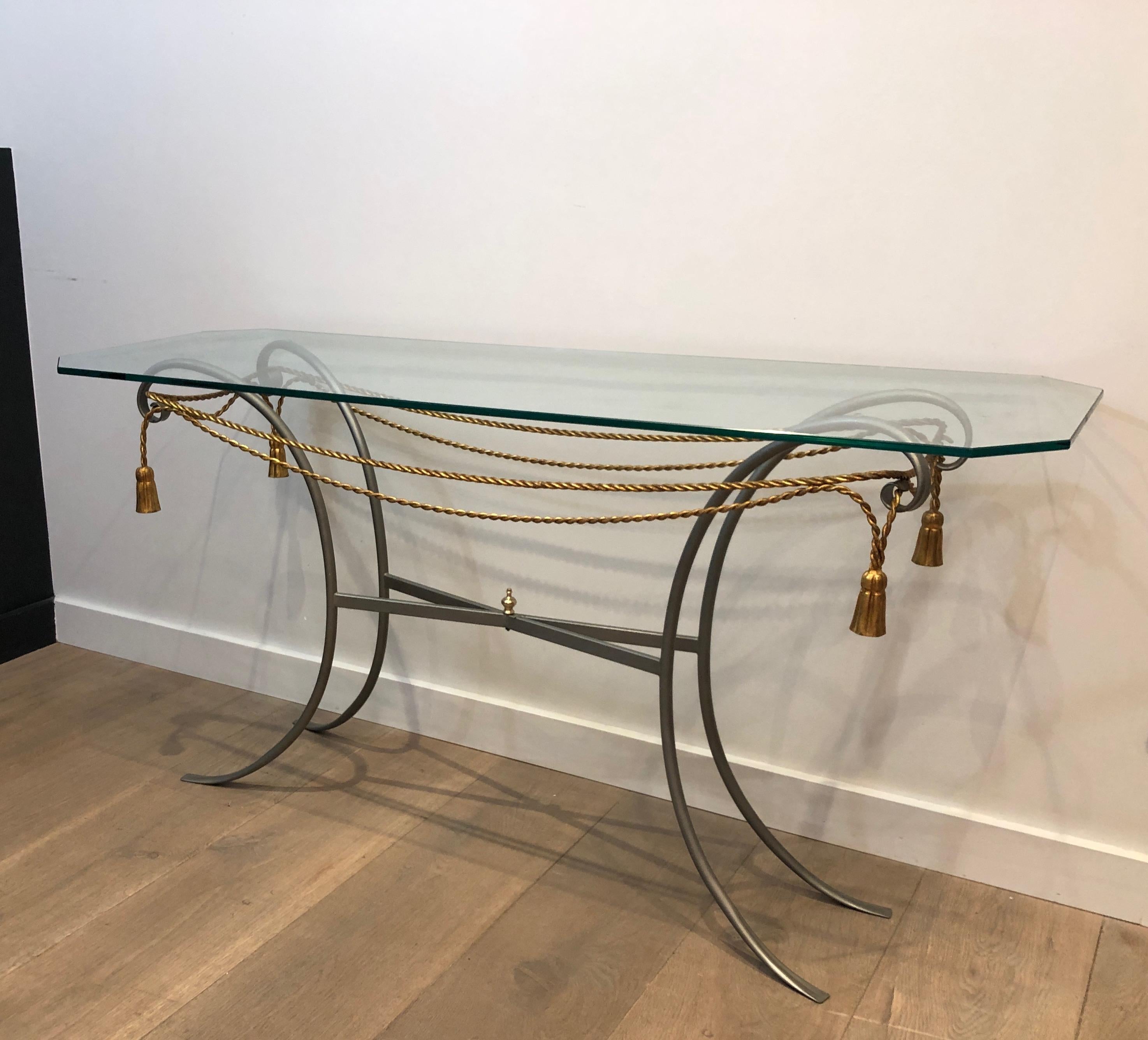 Mid-Century Modern Gun Metal Console Table with Gilt Metal Garlands and Pompons and A Glass Twitop