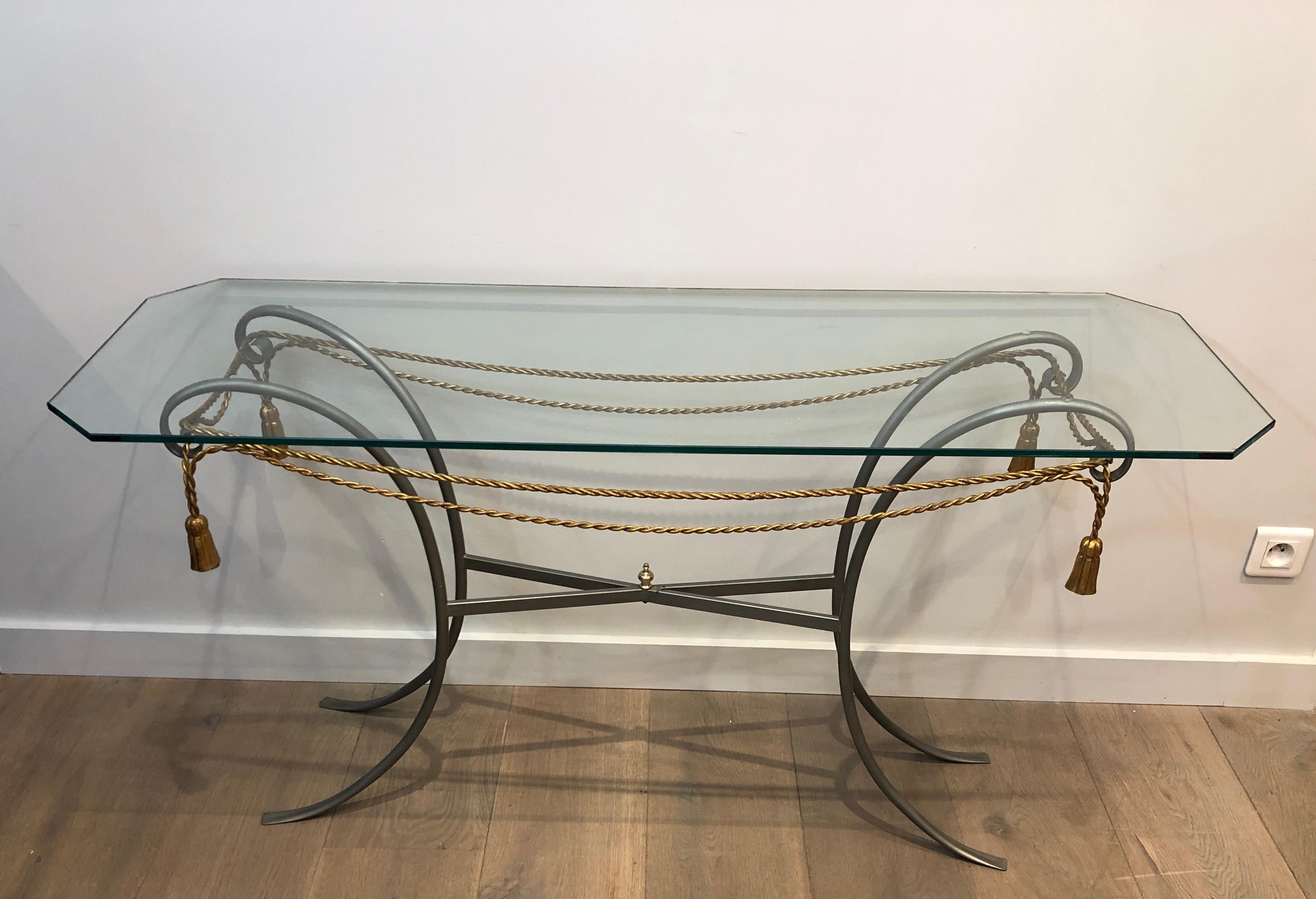 French Gun Metal Console Table with Gilt Metal Garlands and Pompons and A Glass Twitop