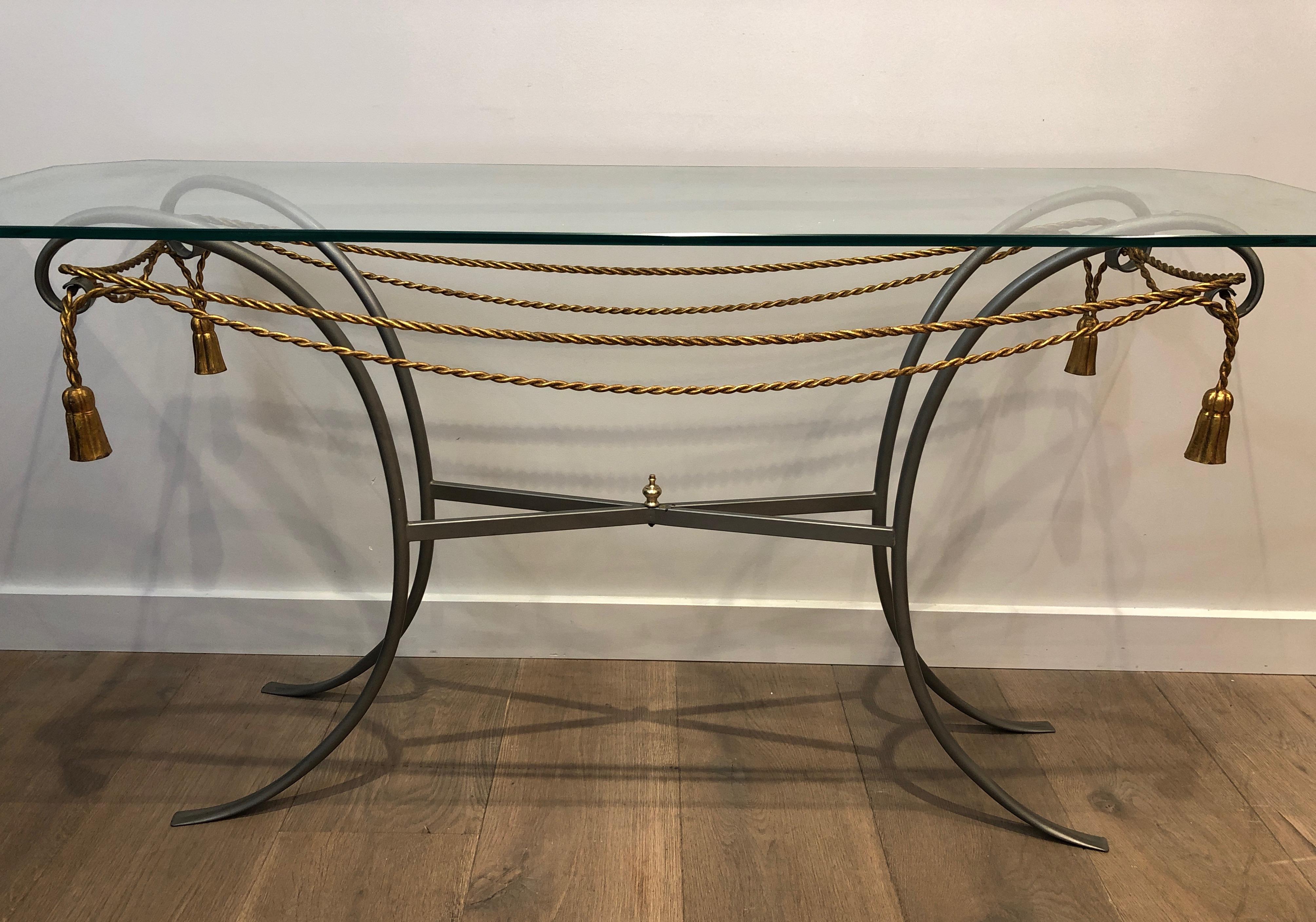 Gun Metal Console Table with Gilt Metal Garlands and Pompons and A Glass Twitop In Good Condition In Marcq-en-Barœul, Hauts-de-France