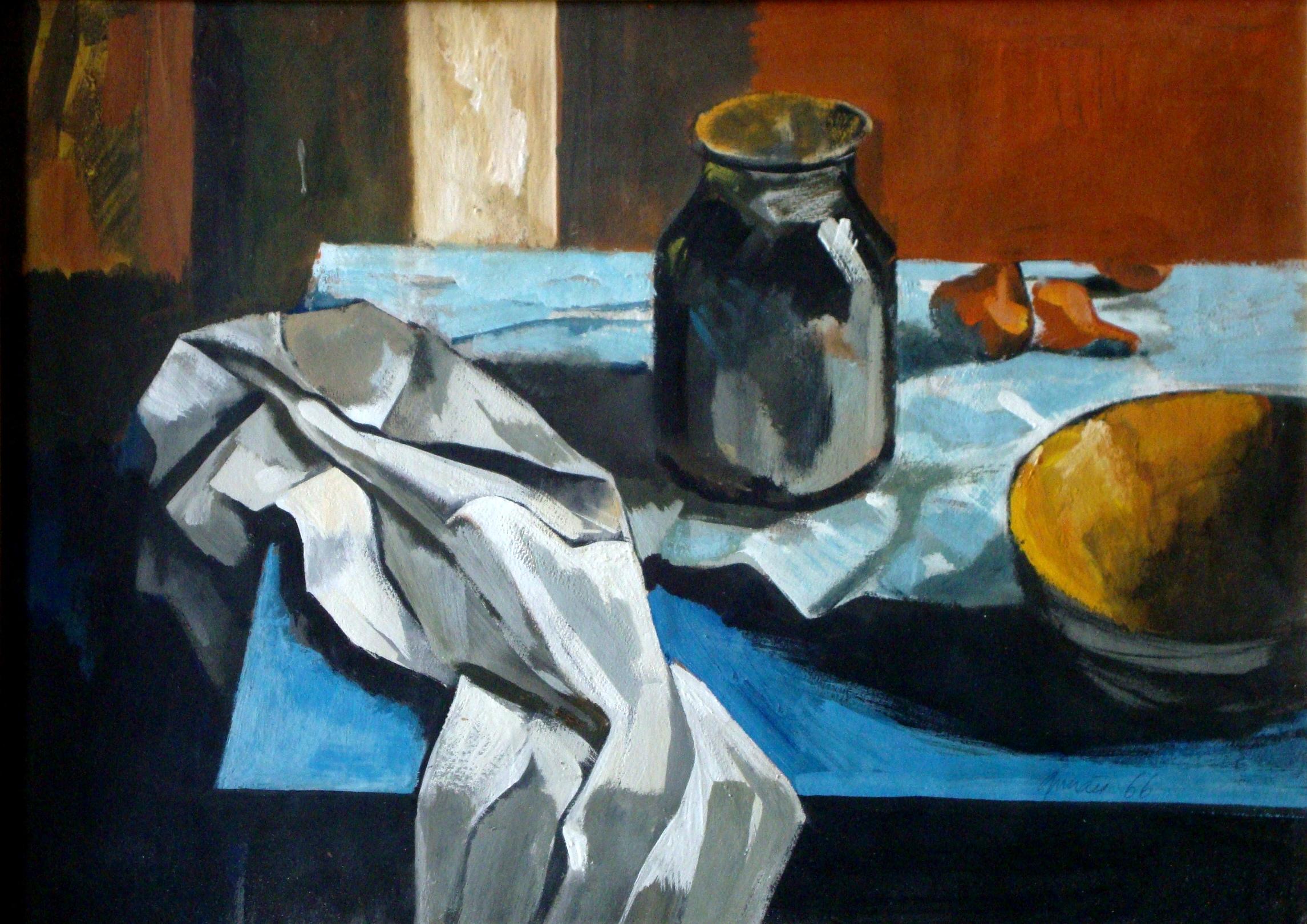 Gunars Klava Abstract Painting - Still life with jars. 1976. gouache on cardboard, 48x67 cm