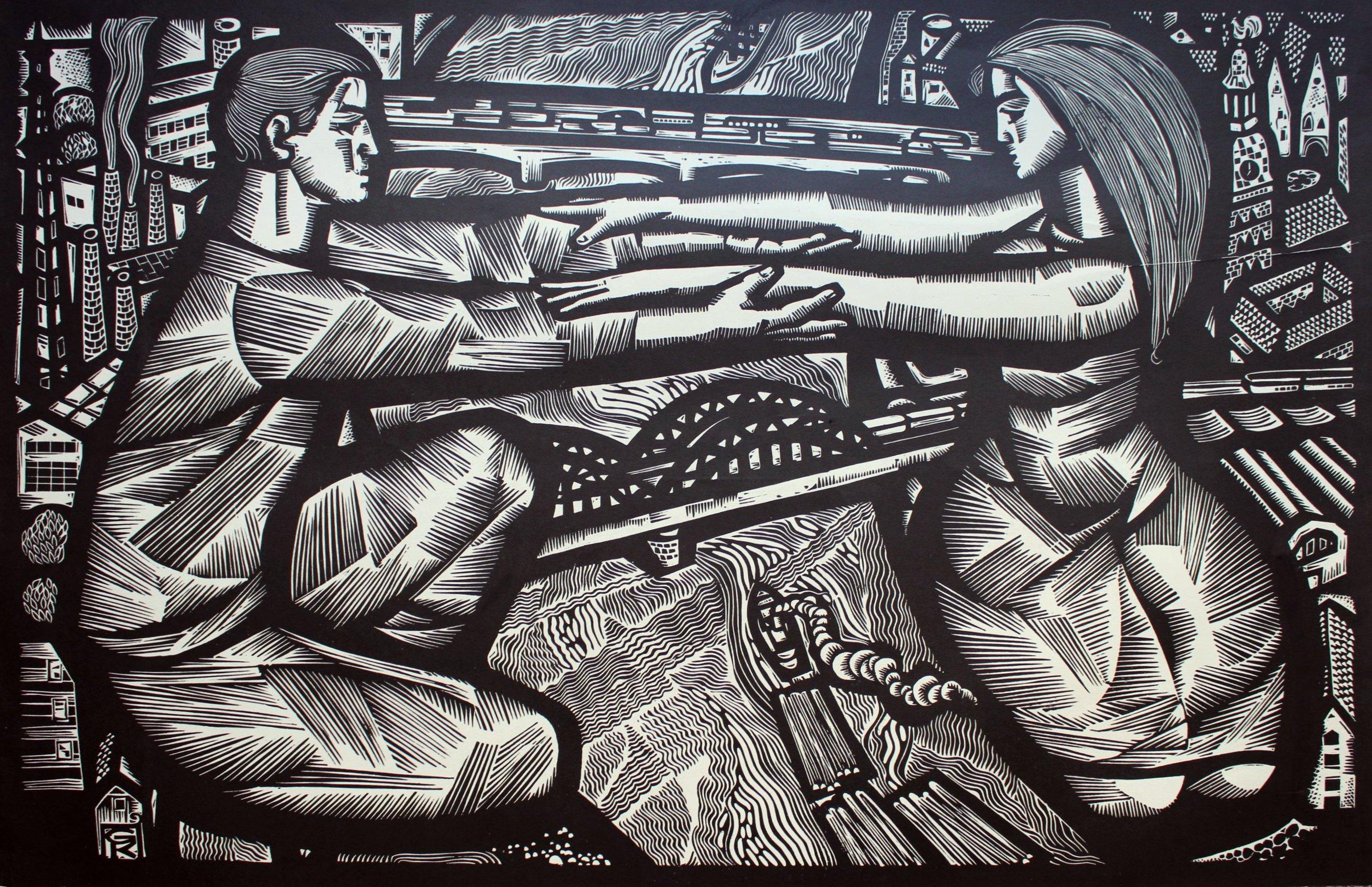 Figurative Print Gunars Krollis - Ponts. Extrait de la série "My Riga". 1967.  Papier, linogravure, 69x103 cm.