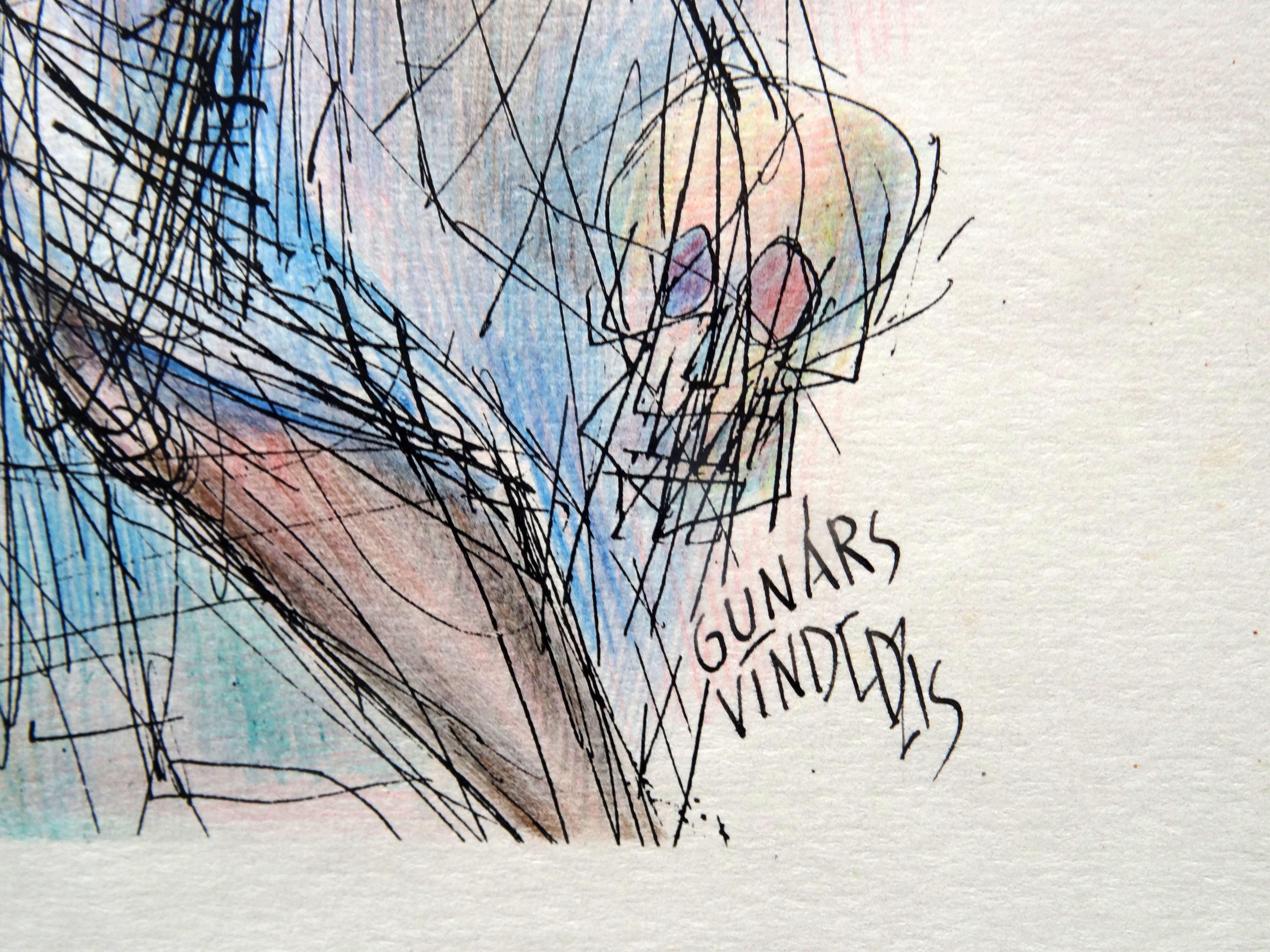 Dance. Paper, ink, colored pencils, 25.5x15 cm - Painting by Gunars Vindedzis 
