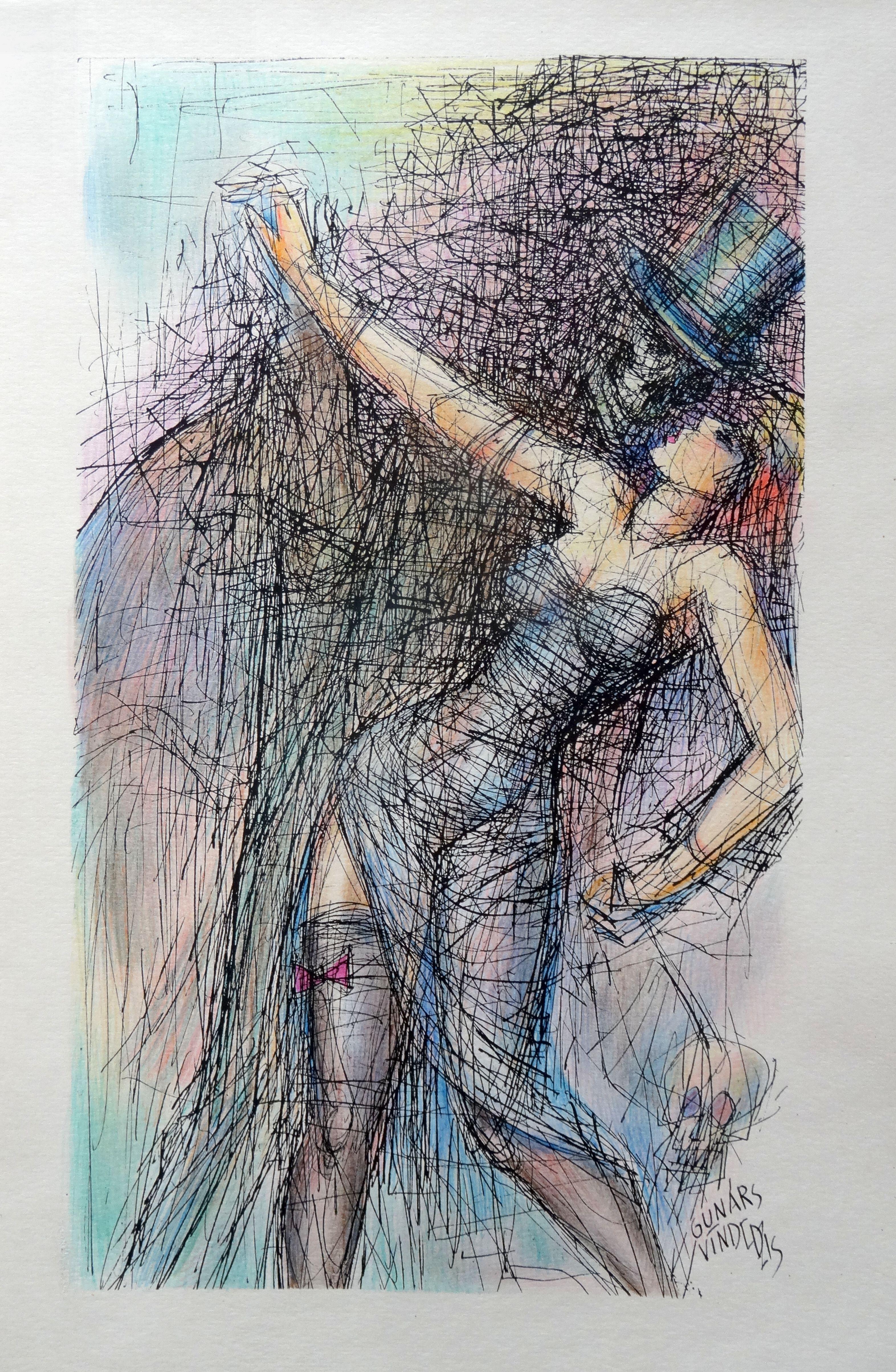 Gunars Vindedzis  Abstract Painting - Dance. Paper, ink, colored pencils, 25.5x15 cm