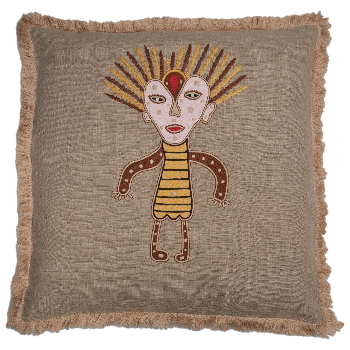 Gunda Hand Embroidered Beige Linen Pillow Cover For Sale