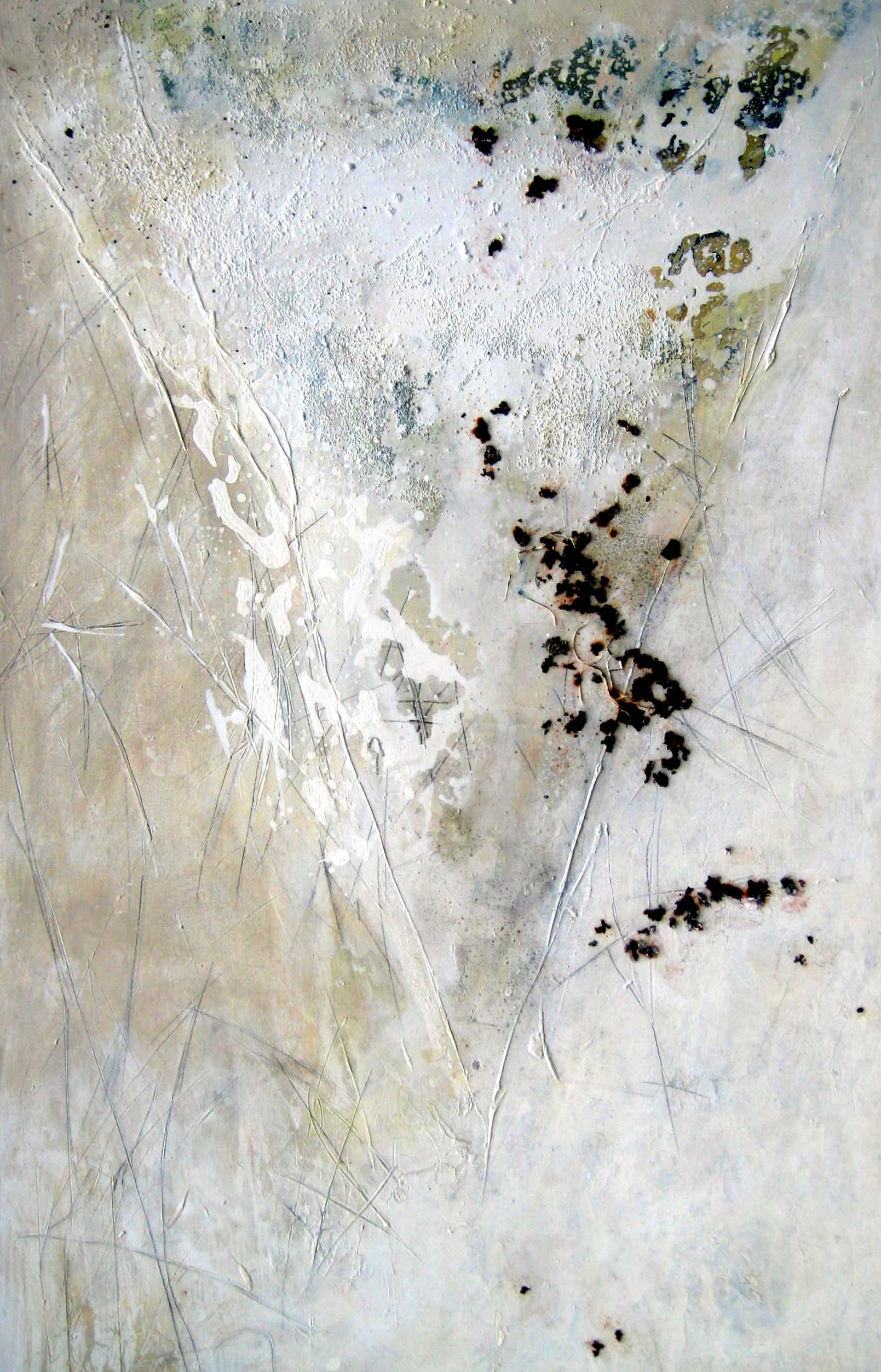 Gunda Jastorff Abstract Painting - Meeting by Gunda Jastorf - Contemporary white Landscape painting Brown and Green