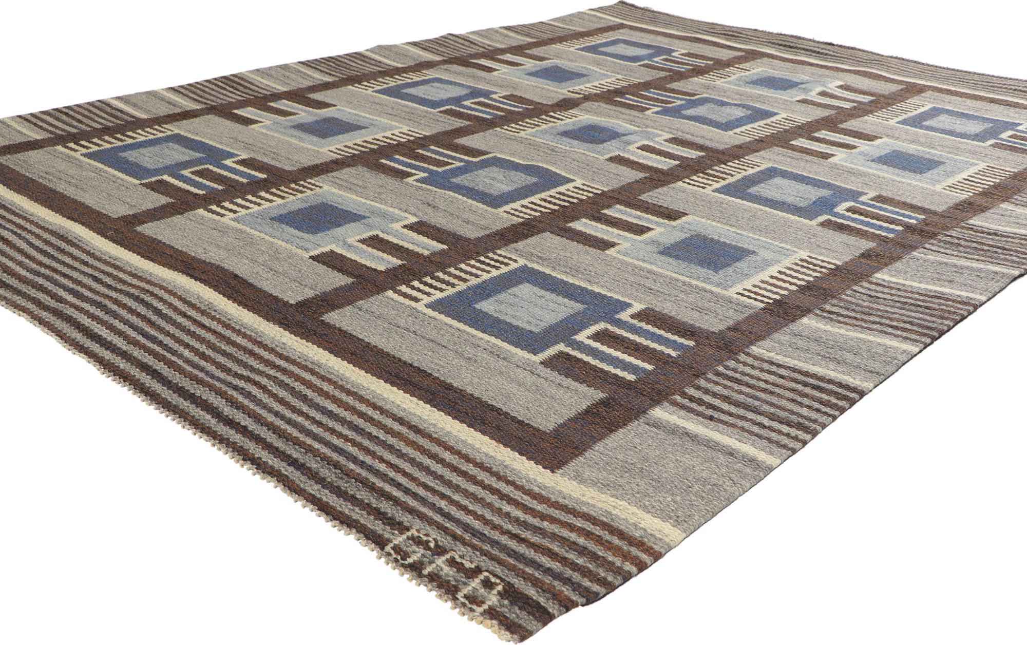 78484 Vintage Swedish Kilim Rollakan Rug, 04'11 x 06'10. ?Emanating Scandinavian Modern Design with incredible detail and texture, this handwoven wool vintage Swedish rollakan rug is a captivating vision of woven beauty. The geometric design and