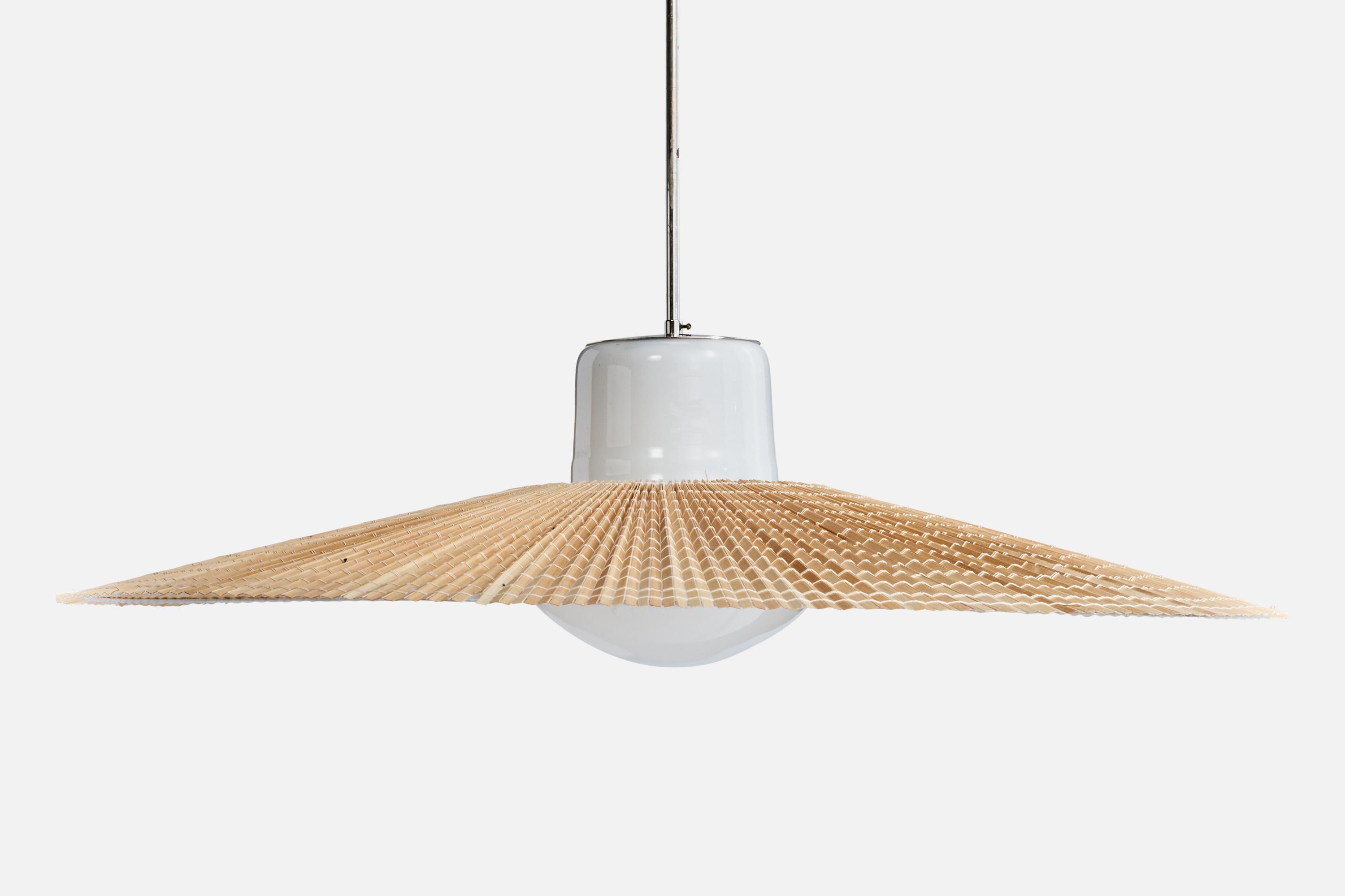 Gunilla Ljung, Lámpara colgante, Cristal, Cromo, Caña, Finlandia, Década de 1940 en Bastante bueno estado para la venta en High Point, NC