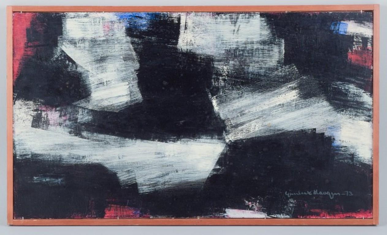 Gunleik Haugen, Swedish artist, oil on board. 
Abstract composition.
1973.
Signed and dated.
In perfect condition.
Dimensions: 61.0 cm x 35.0 cm.
Total dimensions: 63.0 cm x 37.0 cm.
