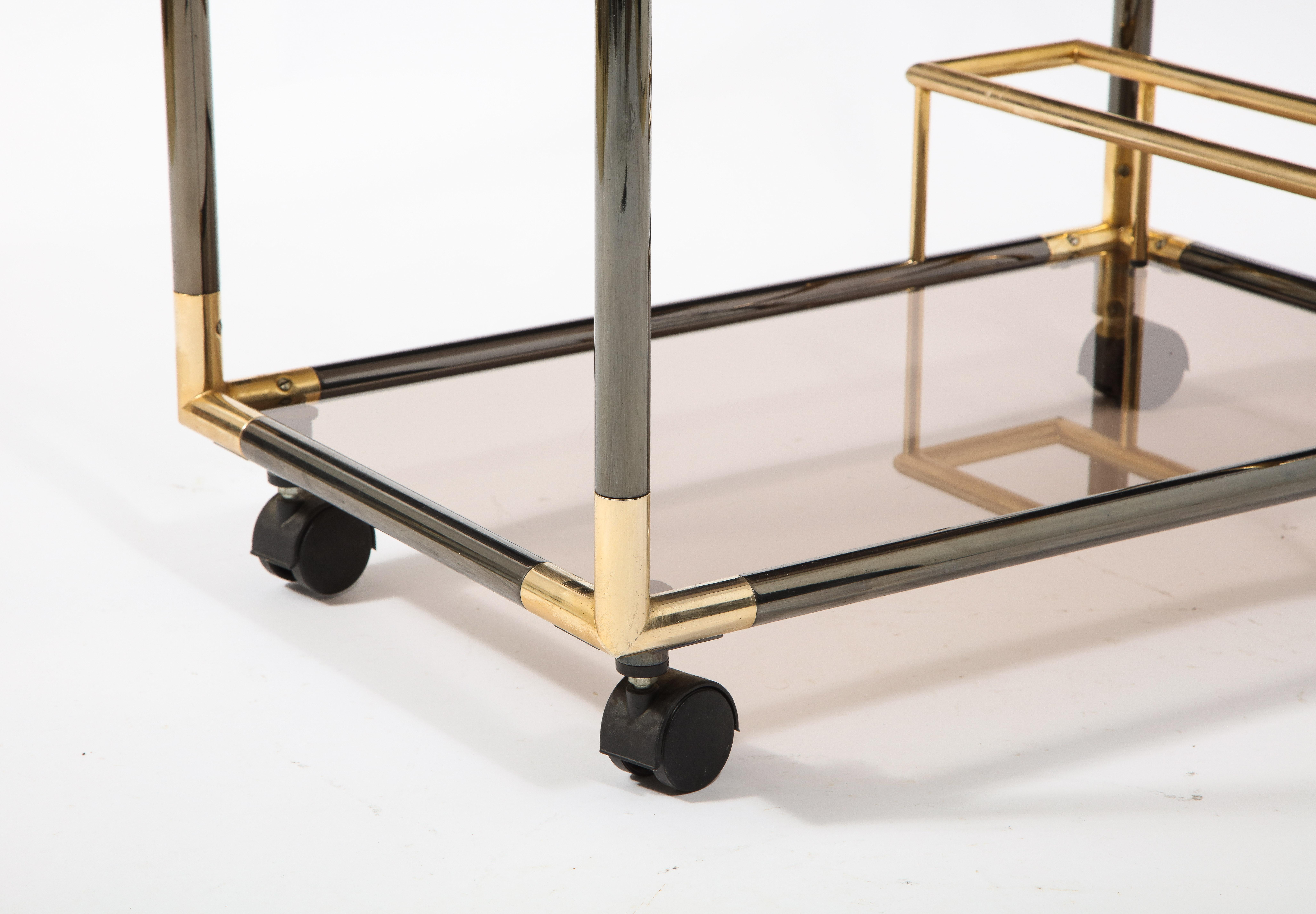 Gunmetal, Brass & Smoked Glass Mixed Metal Bar Cart, France 1970's In Good Condition In New York, NY