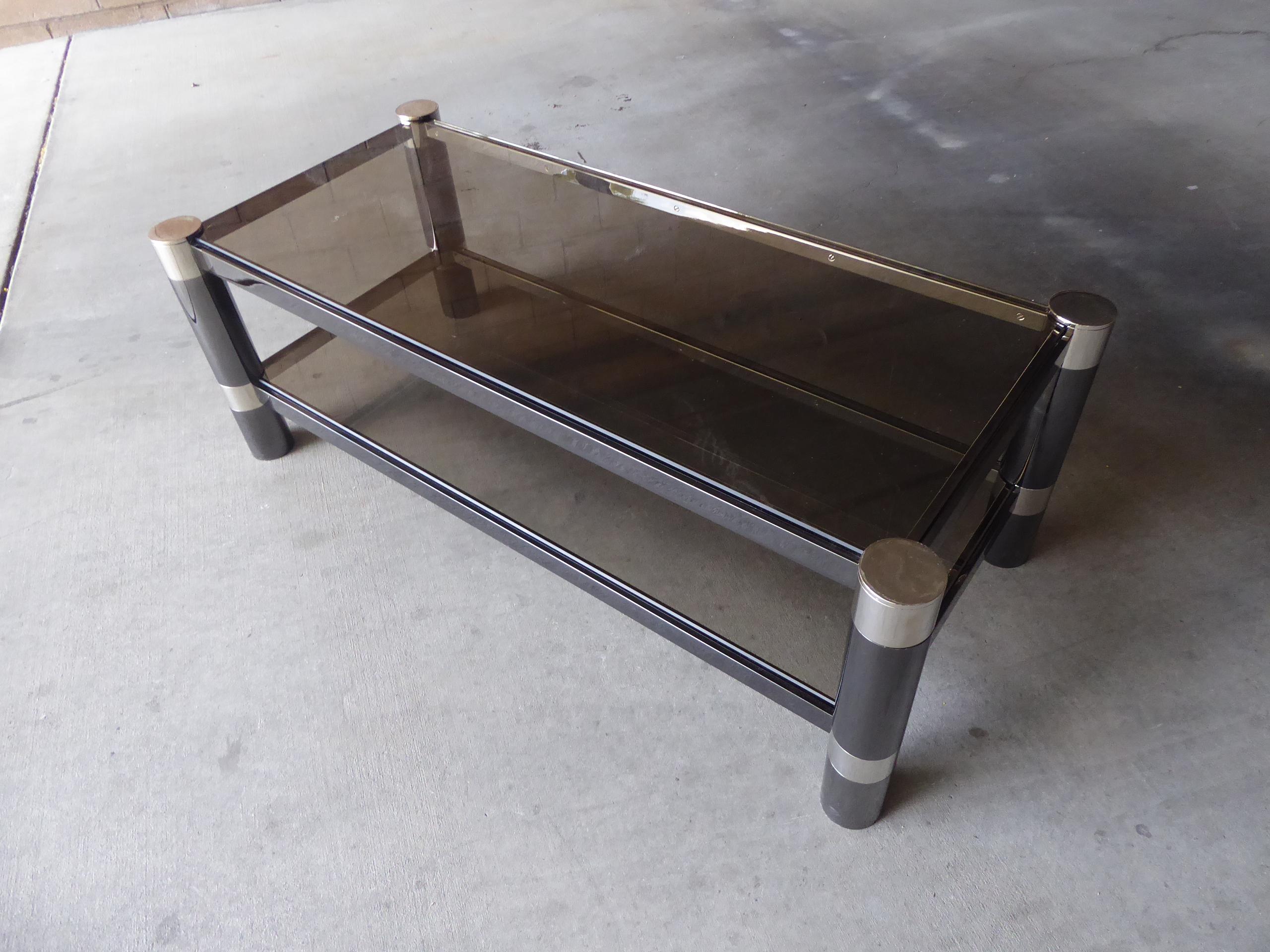 Mid-Century Modern Gunmetal and Nickel-Plated Two-Tier Coffee Table by Karl Springer, circa 1970s For Sale