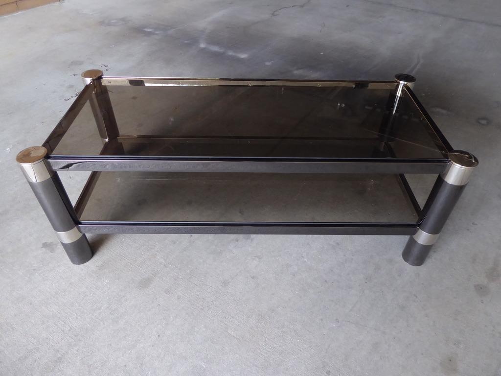 Gunmetal and Nickel-Plated Two-Tier Coffee Table by Karl Springer, circa 1970s In Good Condition For Sale In Palm Springs, CA