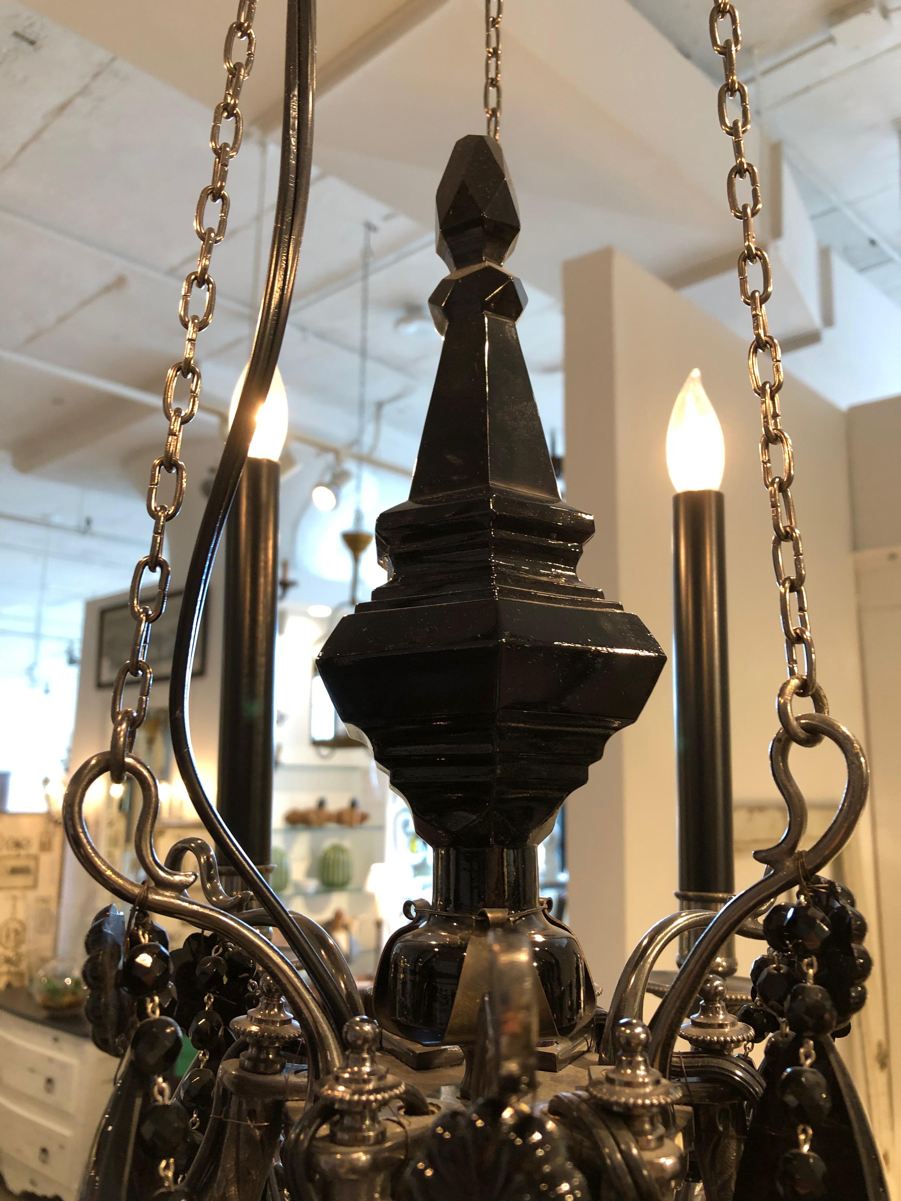 Gunmetal Bronze Louis XVI Black Crystal Chandelier In Excellent Condition For Sale In Boston, MA