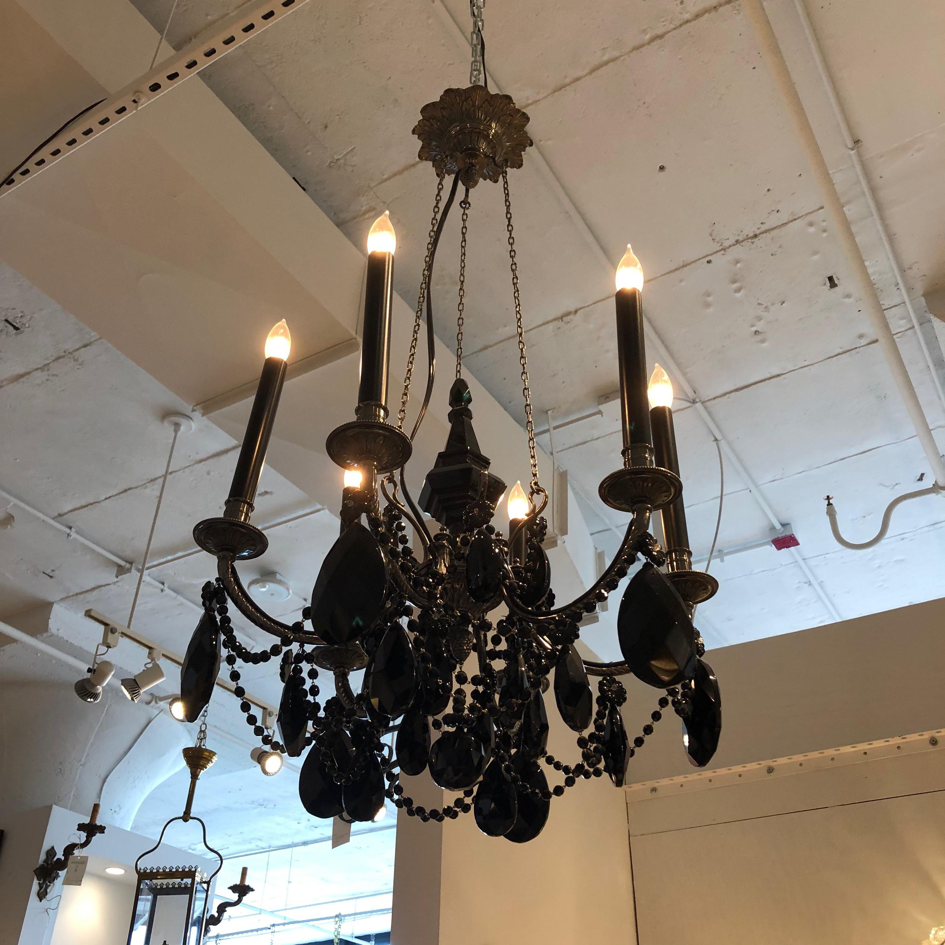 Gunmetal Bronze Louis XVI Black Crystal Chandelier For Sale 3