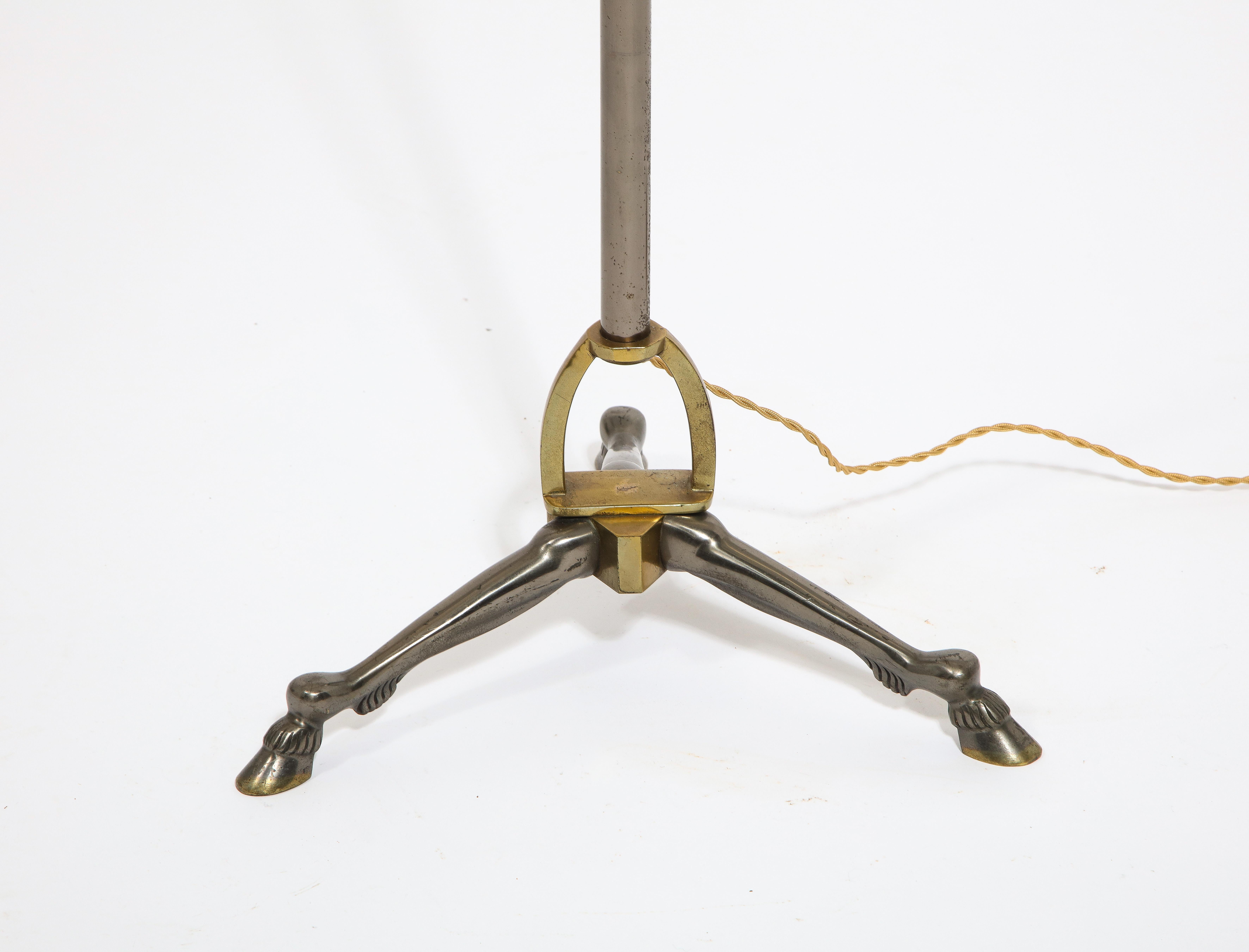 Mid-20th Century Gunmetal Finish and Bronze Horsehead and Feet Tripod Floor Lamp by Maison Jansen For Sale