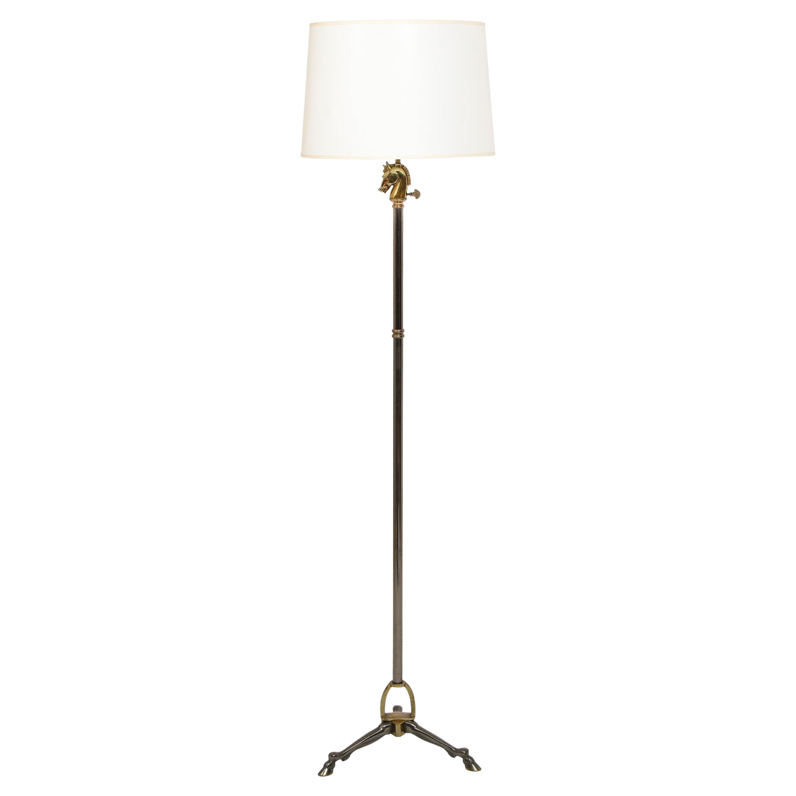 Lampada da terra a treppiede con testa di cavallo in bronzo e finitura canna di fucile di Maison Jansen in vendita