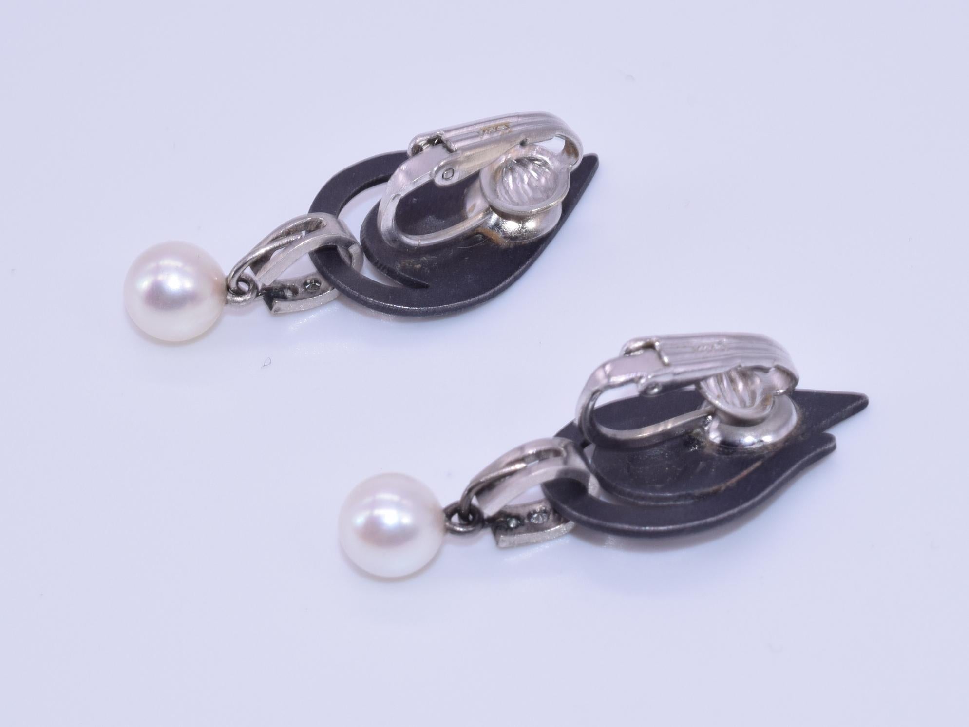 Art Deco Gunmetal Pearl and Diamond Paisley Pendant Earrings by Marsh, circa 1930s