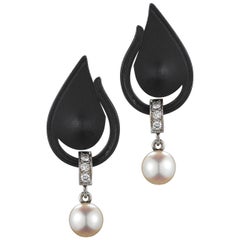 Gunmetal Pearl and Diamond Paisley Pendant Earrings by Marsh, circa 1930s