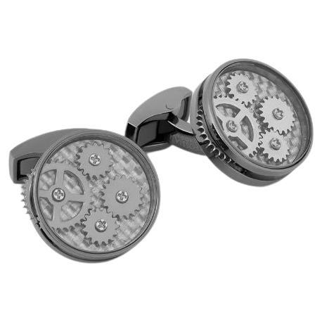 Gunmetal Plated Carousel Gear Cufflinks with Grey Alutex For Sale