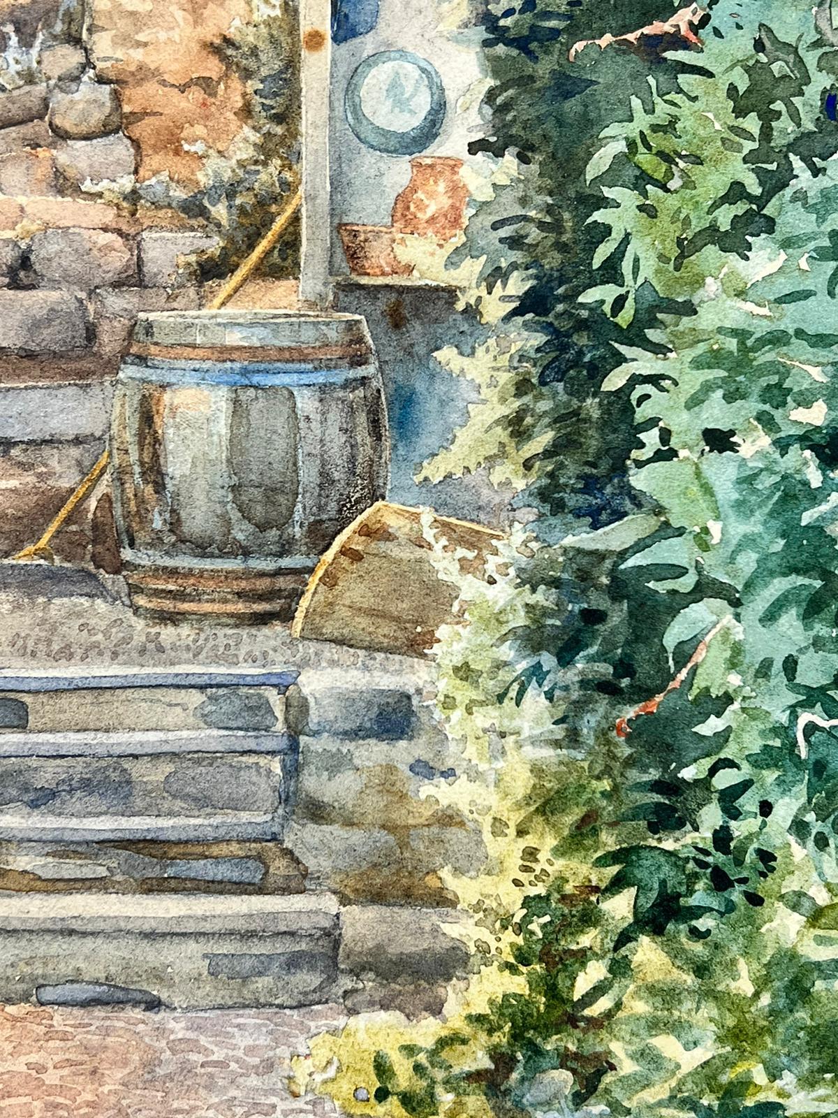 Fine 1900's English Aquarell Gemälde Lady by Cottage Steps Signed im Angebot 2