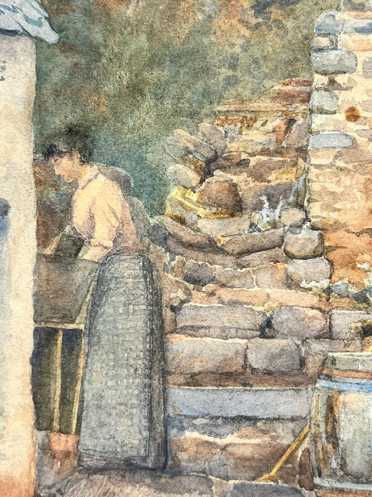 Fine 1900's English Aquarell Gemälde Lady by Cottage Steps Signed im Angebot 3