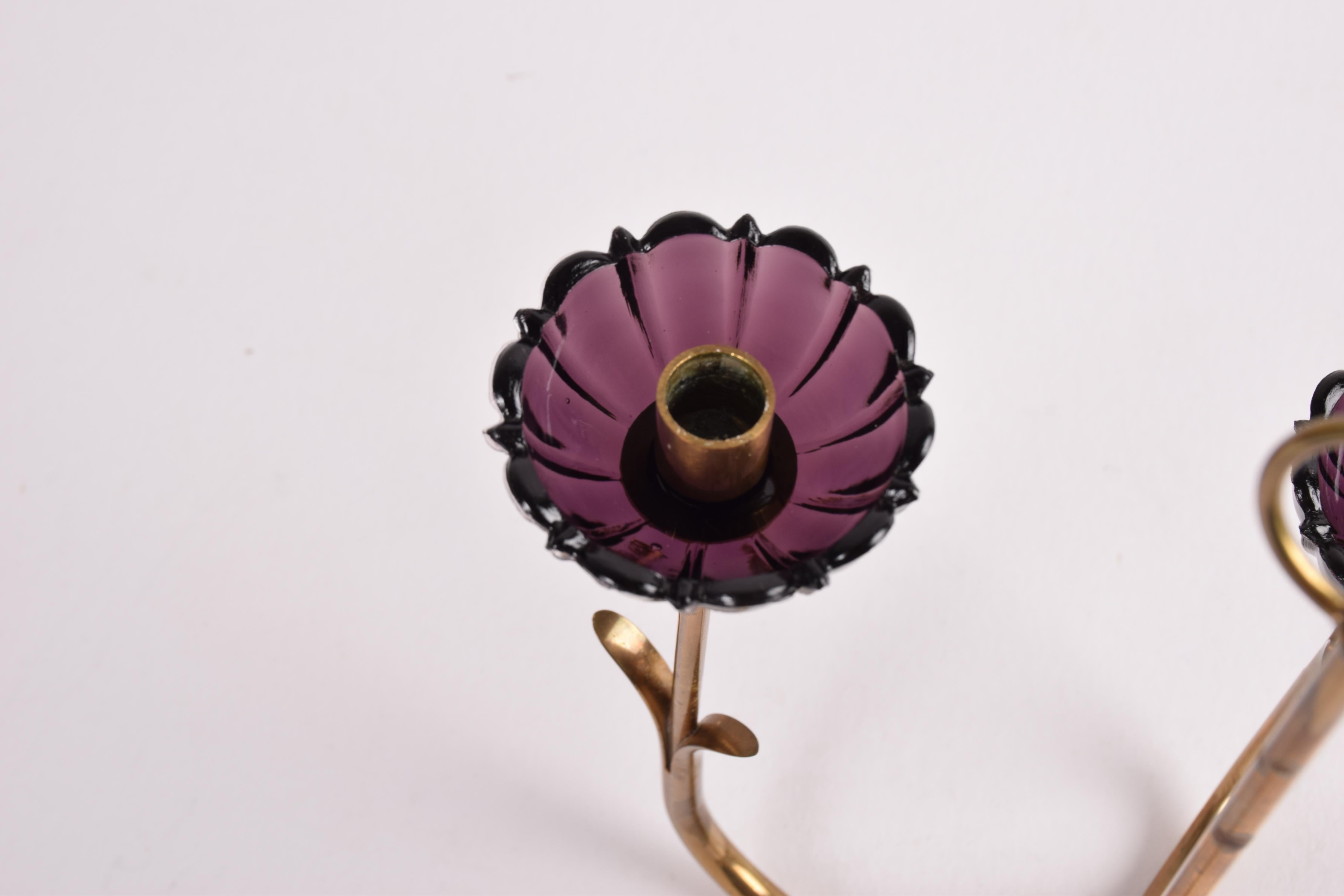 Gunnar Ander 4 Flower Candelabra Brass & Purple Glass, Ystad Metall Sweden 1960s For Sale 4