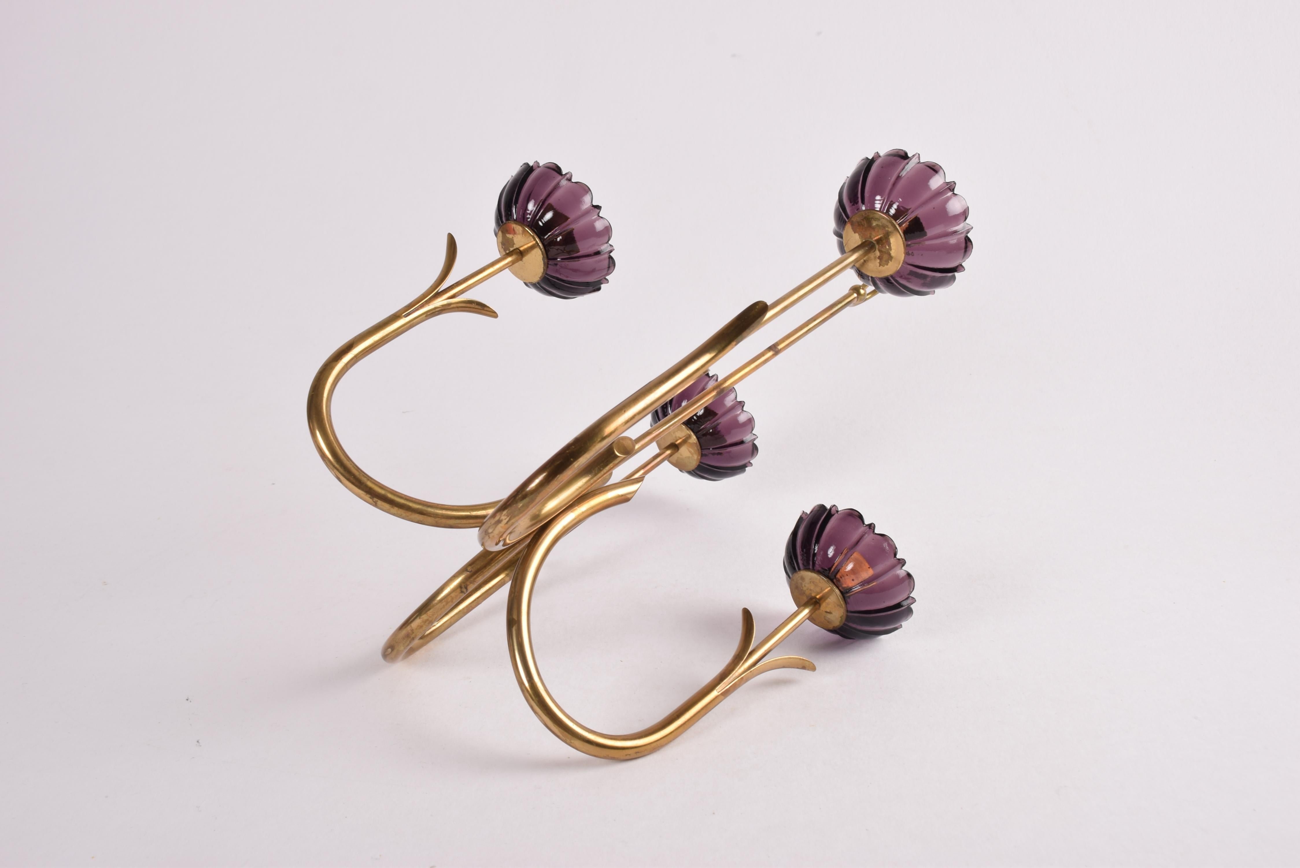 Gunnar Ander 4 Flower Candelabra Brass & Purple Glass, Ystad Metall Sweden 1960s For Sale 7